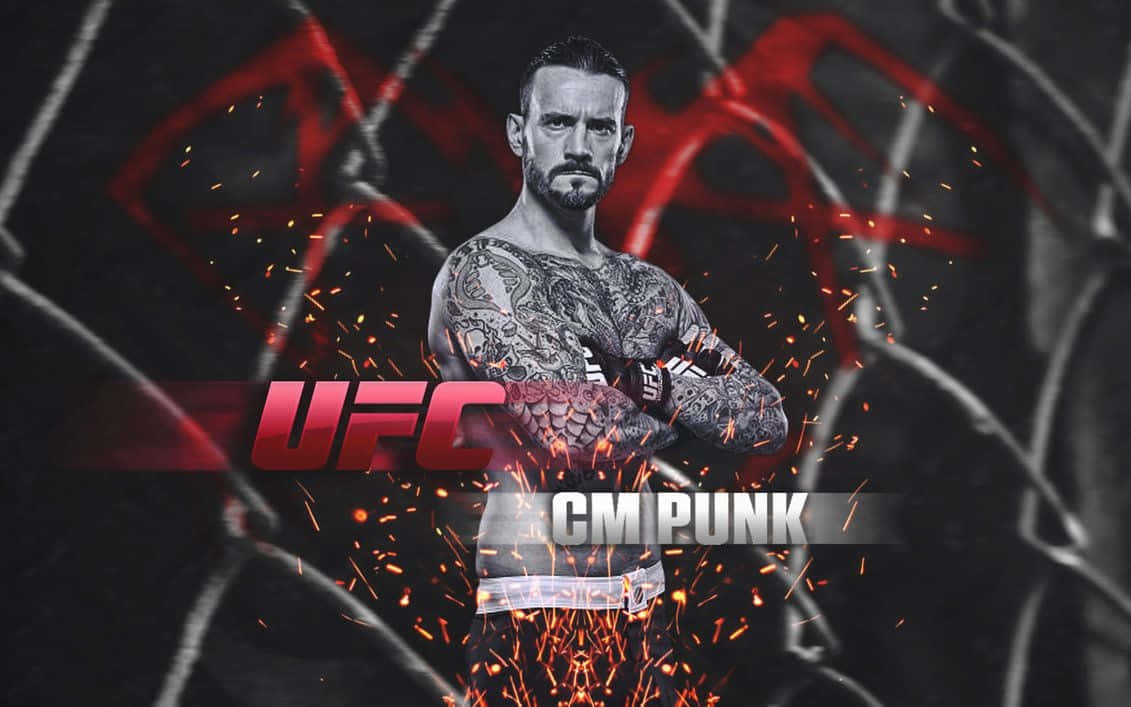 MMA 桌布 壁紙 — 一位紋身的UFC拳手在黑暗背景下，挑釁地站在籠中，周圍火花四濺。