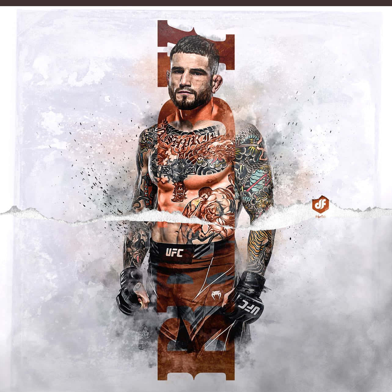 MMA 桌布 壁紙 — 一位紋身的UFC拳手自信地站在一個粗糙、有紋理的數位藝術肖像中，帶有鮮明的橙色和灰色色調。