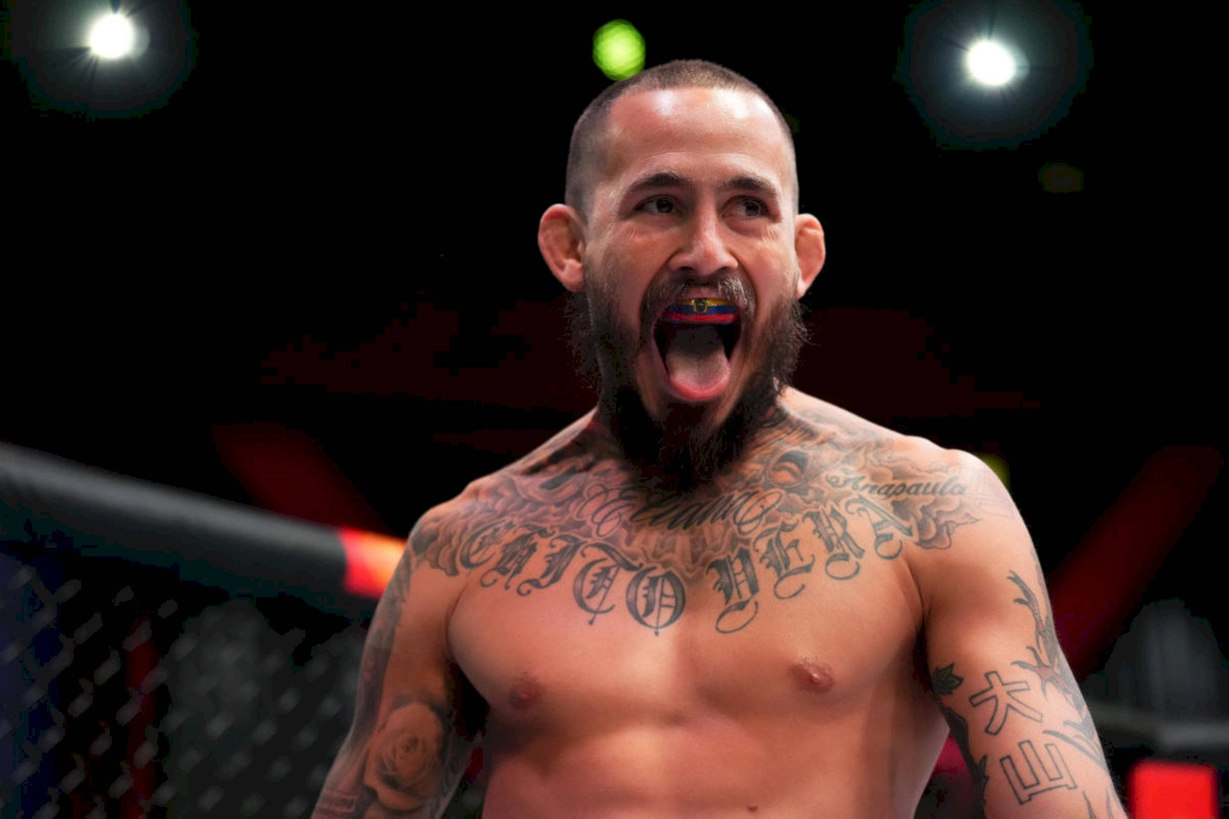 UFC 桌布 壁紙 — 一位紋身的混合武術家在昏暗的八角籠中，在明亮的頂燈下發出勝利的咆哮。