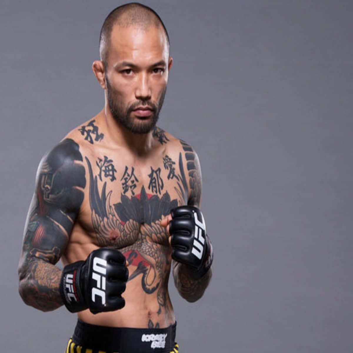 UFC 桌布 壁紙 — 一位紋身的混合武術選手戴著UFC手套，在純灰色背景前凝視著。