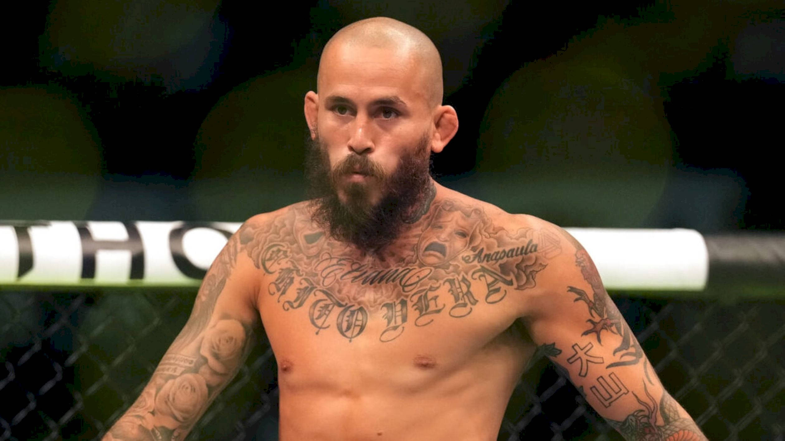 UFC 桌布 壁紙 — 一位紋身鬍鬚鬥士在昏暗的MMA八角籠內，背景是模糊的鐵絲網圍欄，眼神專注。