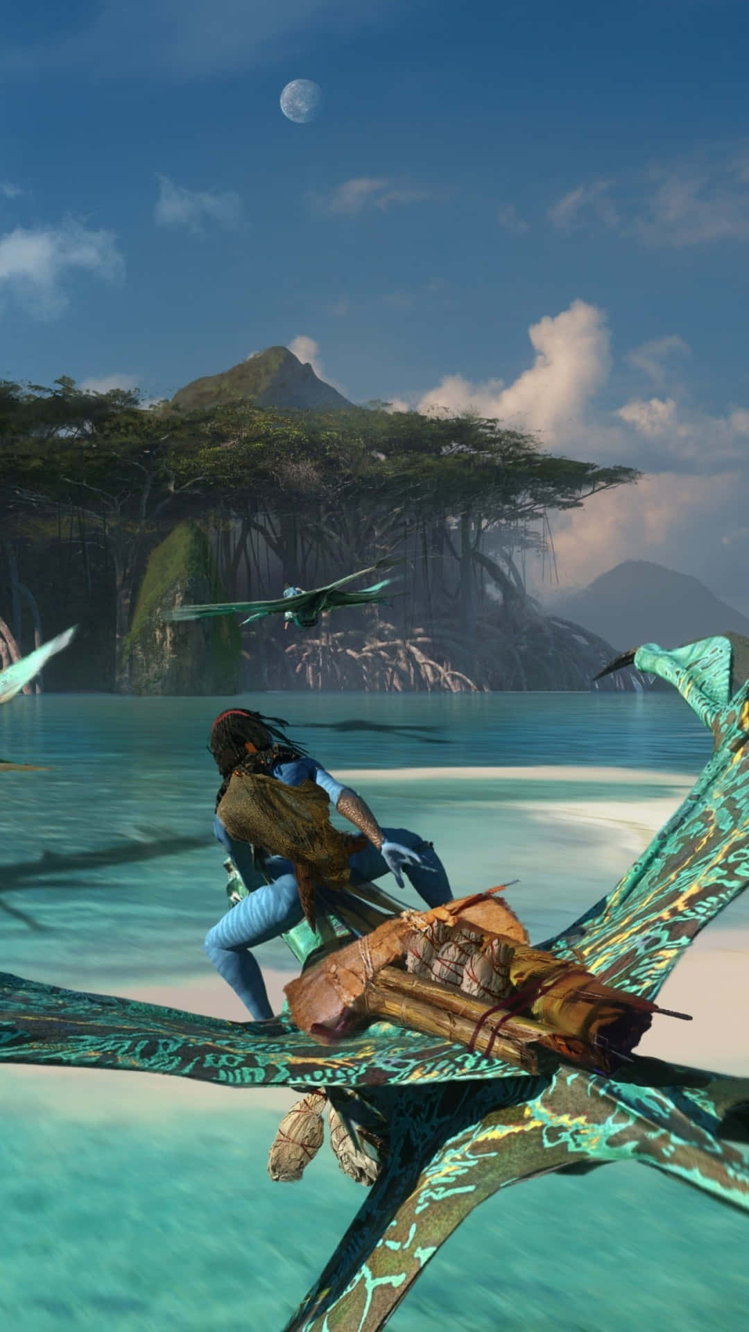 納美人騎手騎著 banshee 在叢林水域上空飛翔，月亮在上方 — 頭像 GIF 壁紙