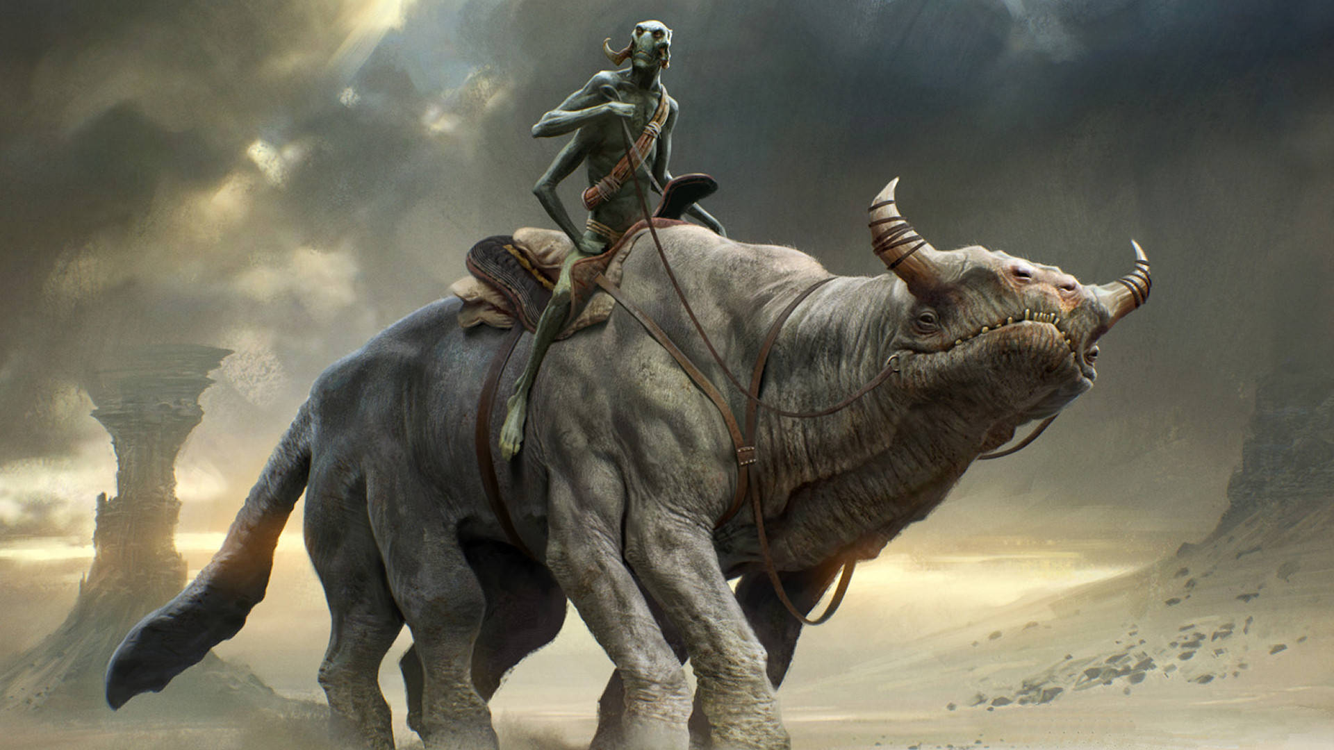john carter 桌布 壁紙 — 一位納美人騎手騎著一頭巨大的公牛般的生物，在暴風雨的天空下，穿過霧氣瀰漫的外星峽谷。