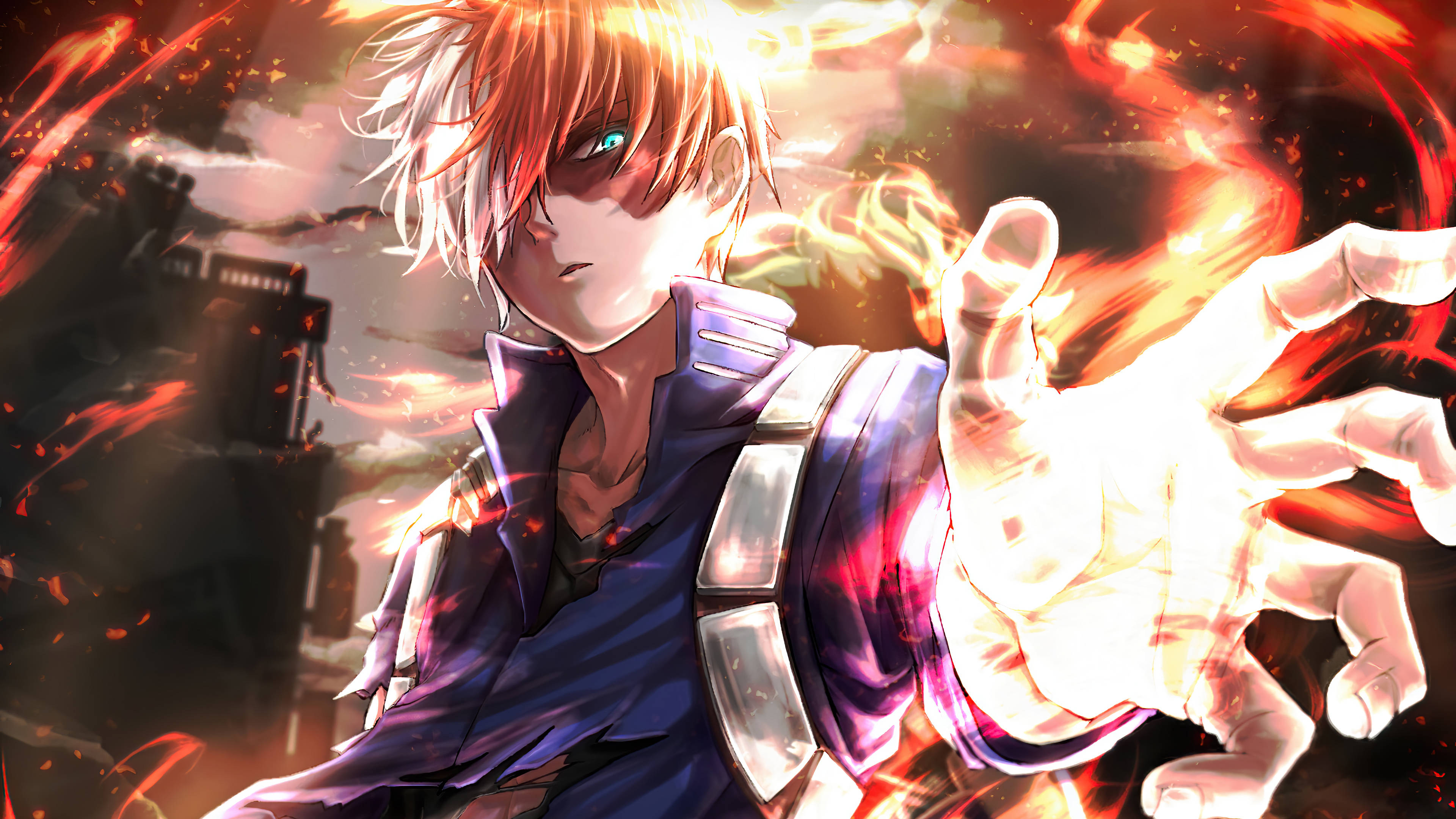 Todoroki Aesthetic 桌布 壁紙 — 一位紫夾克的火焰髮色動漫戰士，在煙霧瀰漫的城市背景下，以強烈的專注力釋放出熾熱的能量爆炸。