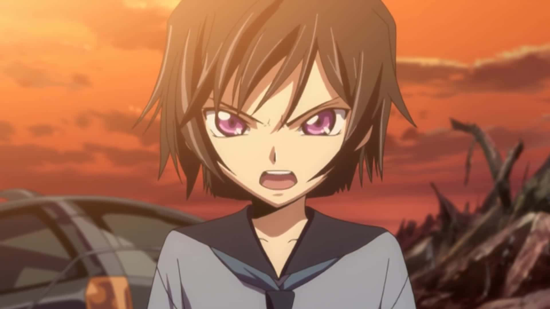 lelouch lamperouge 桌布 壁紙 — 一位紫眼棕髮的動漫女孩，在火紅的橙色夕陽天空下凝視著。