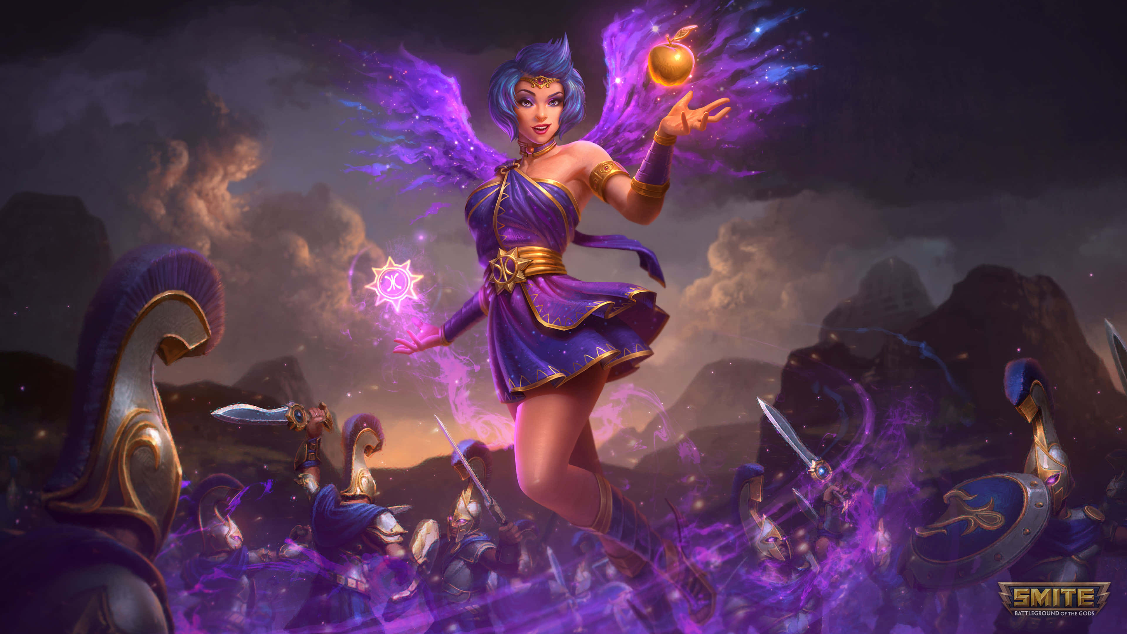 Smite 桌布 壁紙 — 一位紫翼女神身穿飄逸長袍，在暴風雨黃昏的天空下，懸浮於揮舞劍盾的戰士之上。