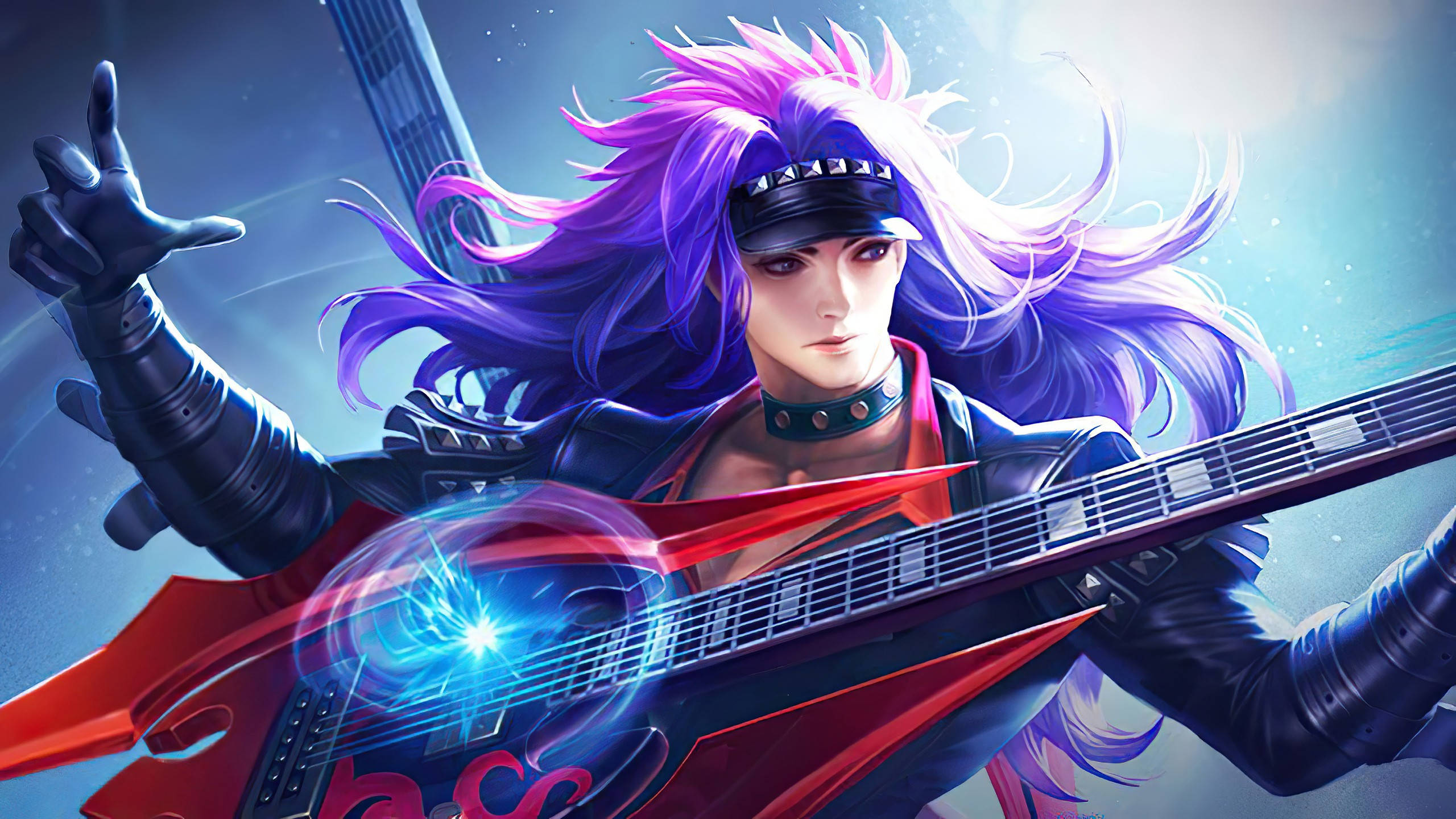Mobile Legends 動態圖 桌布 壁紙 — 一位紫色尖髮的搖滾吉他手，在宇宙藍色背景下彈奏發光的紅色電吉他。