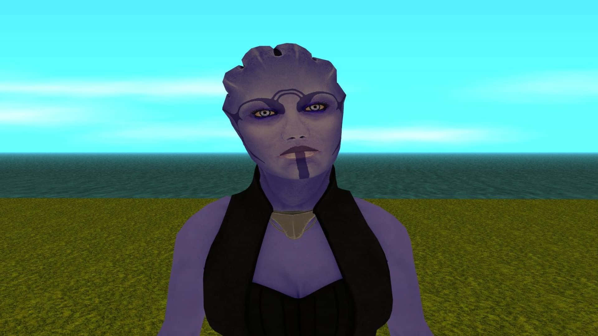 Aria T'loak 桌布 壁紙 — 一位紫色皮膚、黃色眼睛的外星女子站在草地上，天空是明亮的青色。