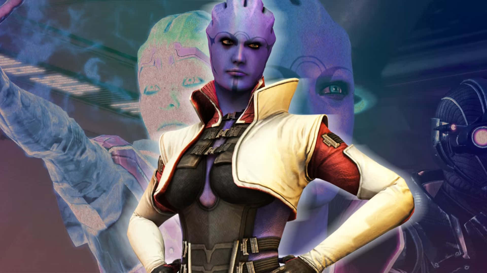 Aria T'loak 桌布 壁紙 — 一位紫色皮膚的外星女性，身穿白色和紅色的裝甲服，雙手叉腰，自信地站在一個帶有幽靈面孔的宇宙背景前。