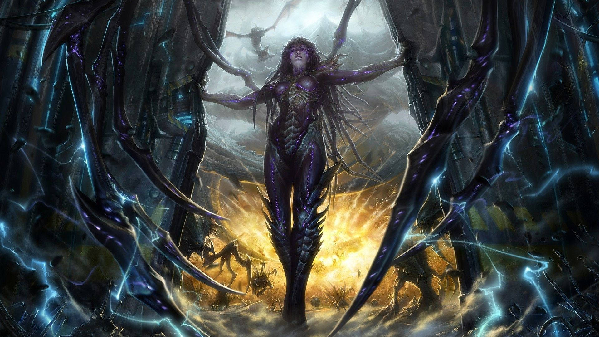 Starcraft 桌布 壁紙 — 一位紫色皮膚的外星女王威嚴地站在發光的藍色能量和燃燒的廢墟中，周圍環繞著生物機械觸手。