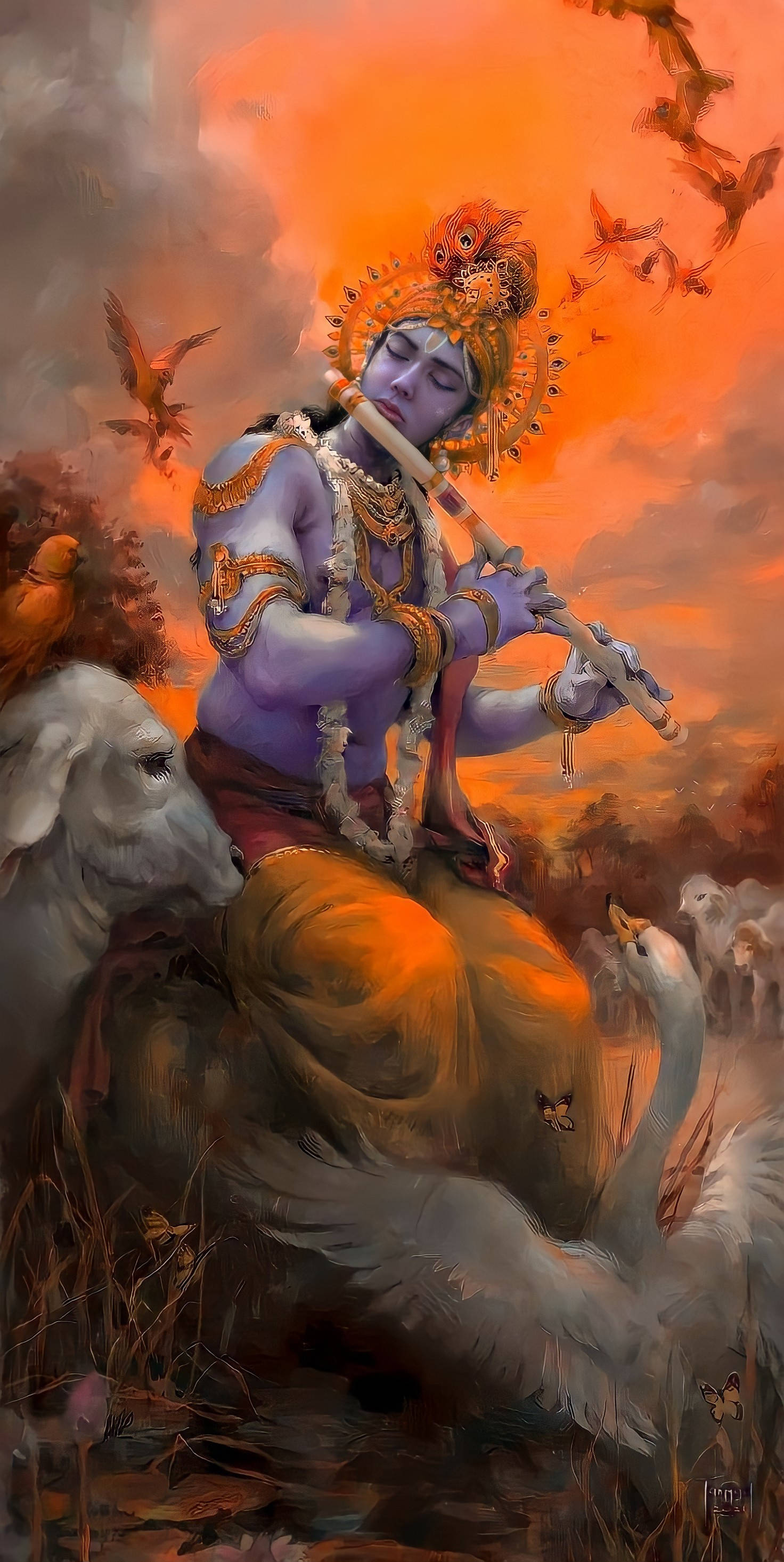 krishna iPhone 桌布 壁紙 — 一位紫色皮膚的神聖人物坐在白牛上吹奏長笛，周圍環繞著鳥類和蝴蝶，背景是火紅的橙色天空。
