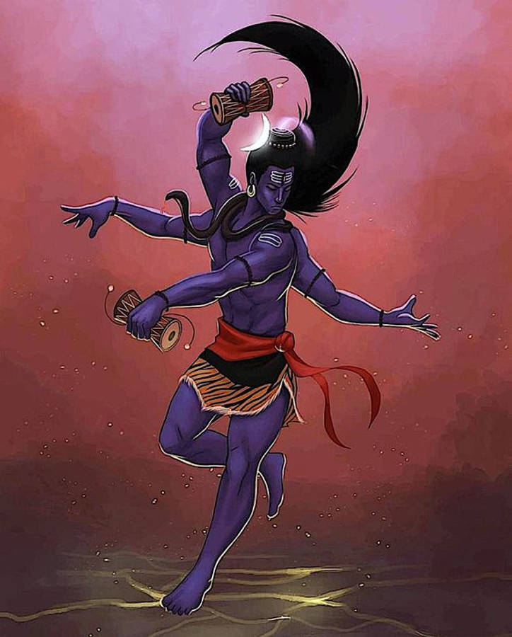angry shiva 桌布 壁紙 — 一位紫色皮膚的舞者，飄逸的黑髮，在粉紅和紅色的漸變天空下，手持兩個鼓，動態跳躍。