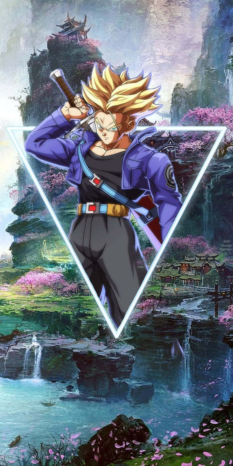 Dragon Ball Z Trunks 桌布 壁紙 — 一位紫色盔甲、刺蝟頭髮的動漫戰士自信地站在發光三角形內，背景是霧氣繚繞的山谷，有櫻花和傳統建築。