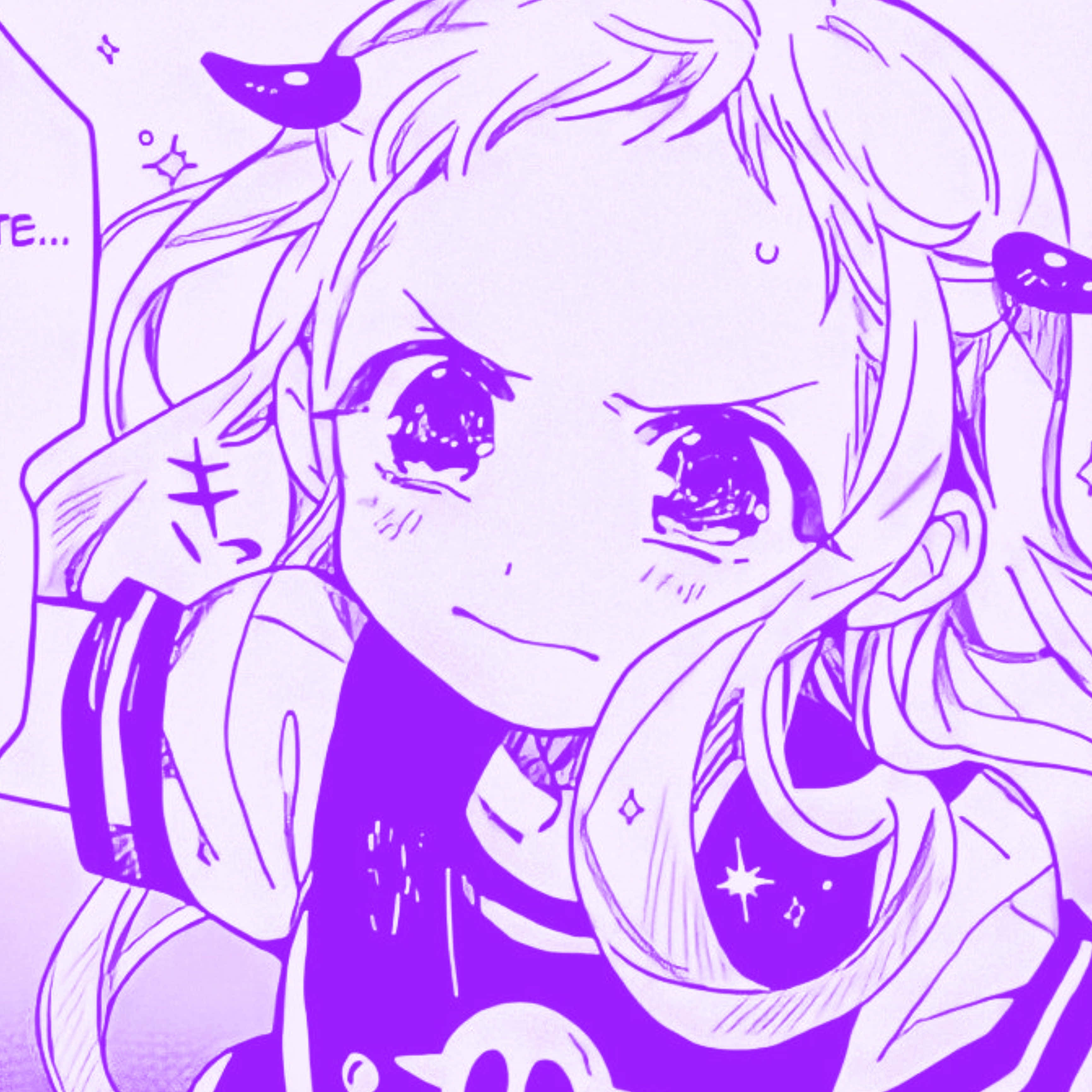 Cute Aesthetic Profile 桌布 壁紙 — 一位紫色調、有角和星形眼睛的動漫女孩，微笑著輕輕拿著一本書。