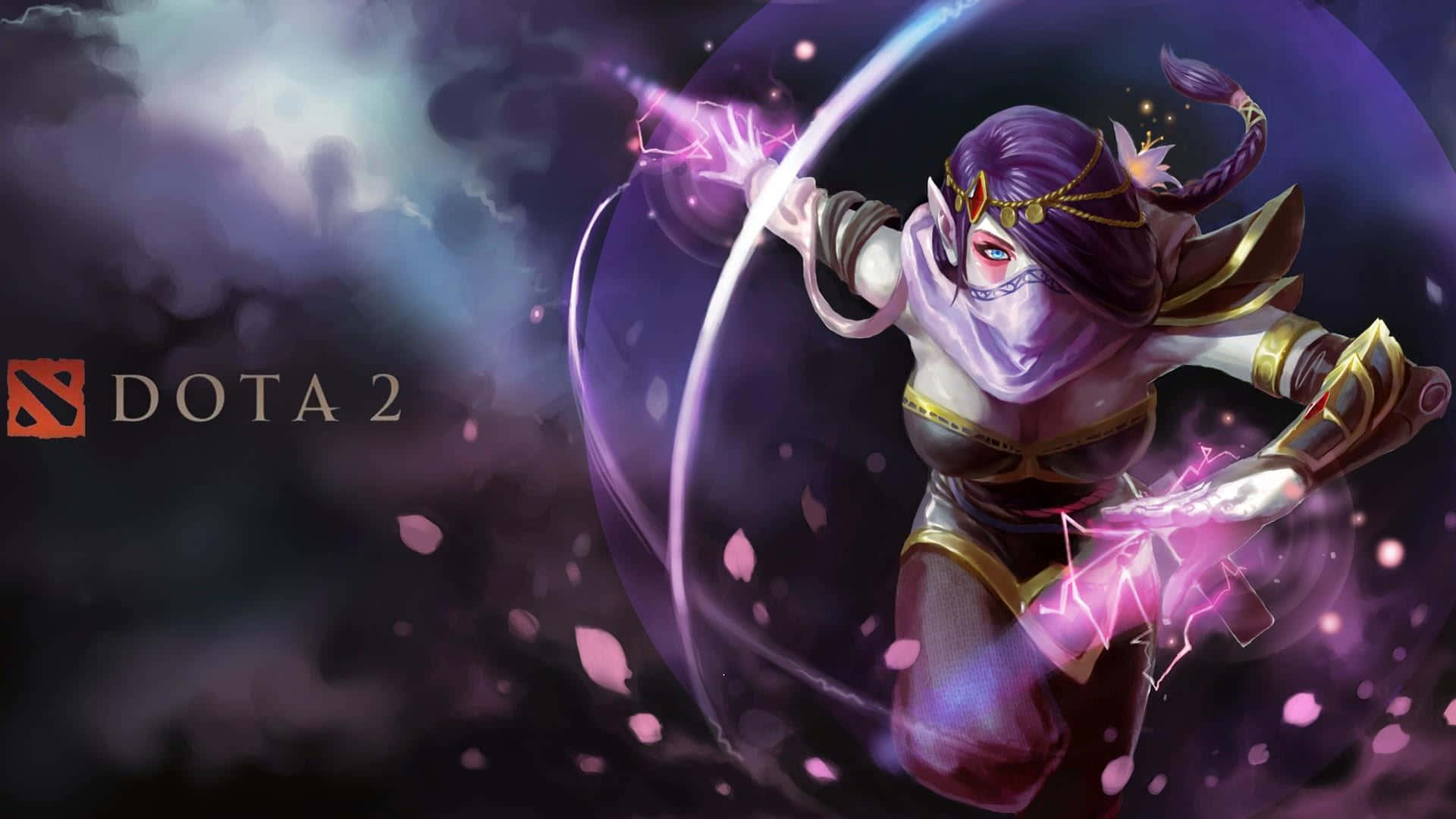 Templar Assassin 桌布 壁紙 — 一位紫色頭髮的 Dota 2 英雄在黑暗風暴的天空中揮舞著發光的魔法，櫻花在她周圍旋轉。