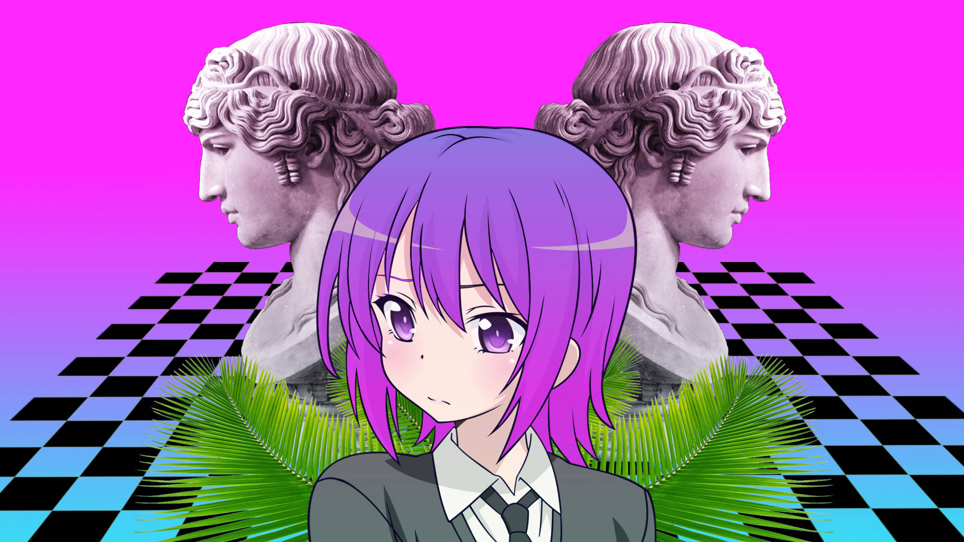 桌布 壁紙 — 一位紫色頭髮的動漫女孩穿著校服，站在經典半身像前，地板是棋盤格，周圍有熱帶葉子，背景是鮮豔的粉藍漸變色。
