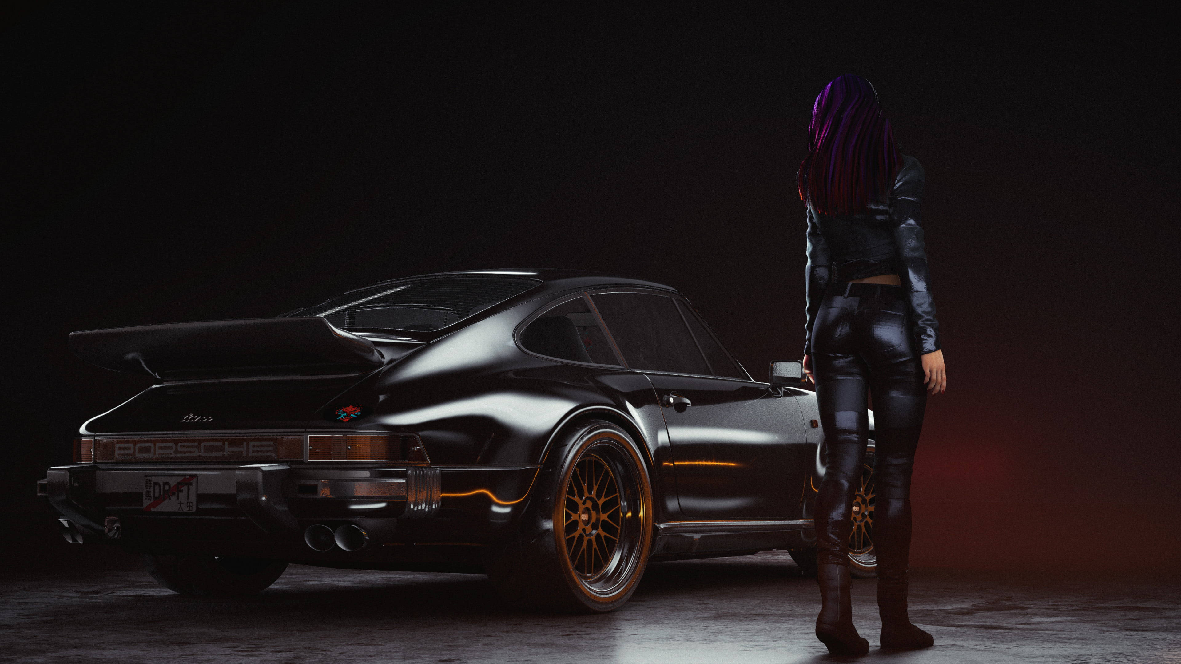 Cool Car 桌布 壁紙 — 一位紫色頭髮的女性站在一輛時尚的黑色保時捷911 Turbo旁邊，車庫光線昏暗，帶有紅色氛圍燈光。