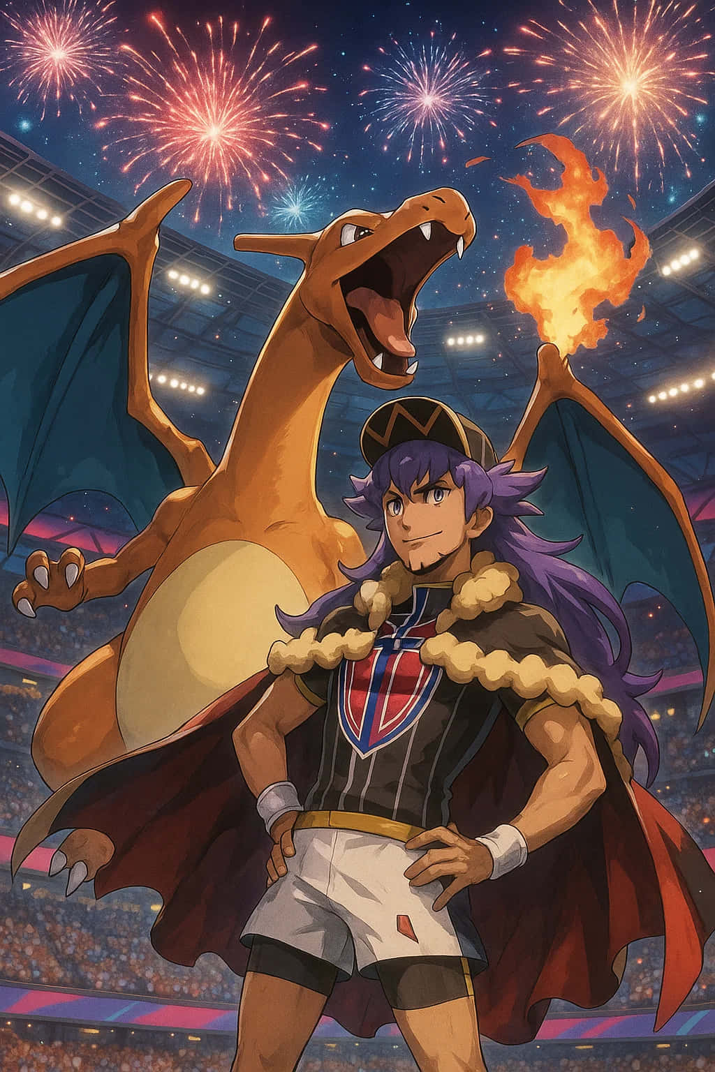 Charizard Pokemon HD Wallpaper WEBP 4K Background Download 壁紙 — 一位紫色頭髮的訓練員自信地站在咆哮的噴火龍旁邊，煙火在擠滿人的體育場上空爆炸。