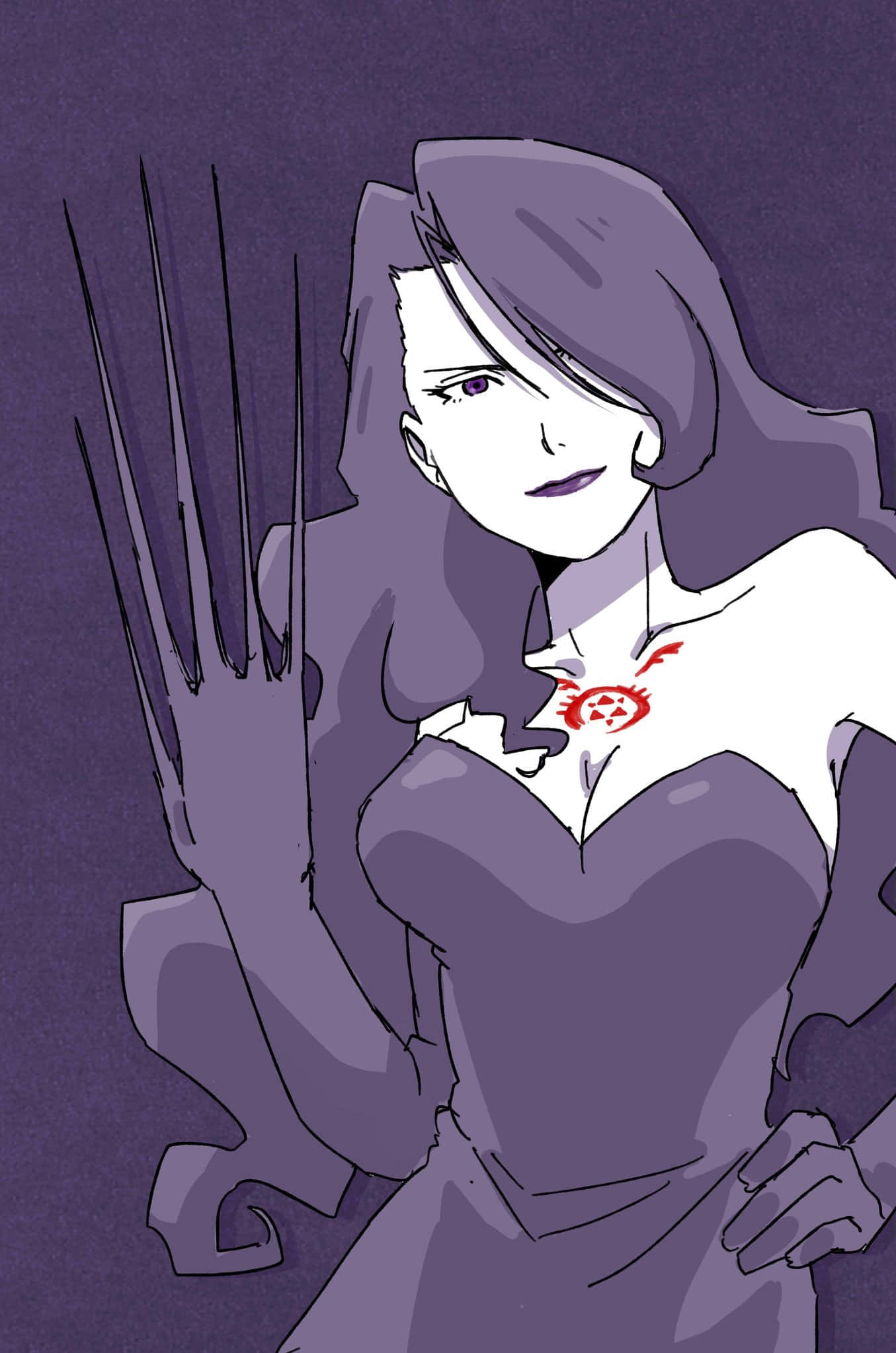 Fullmetal Alchemist Lust 桌布 壁紙 — 一位紫髮、有爪子和紅色胸前標誌的動漫女性，在深紫色背景前自信地擺姿勢。