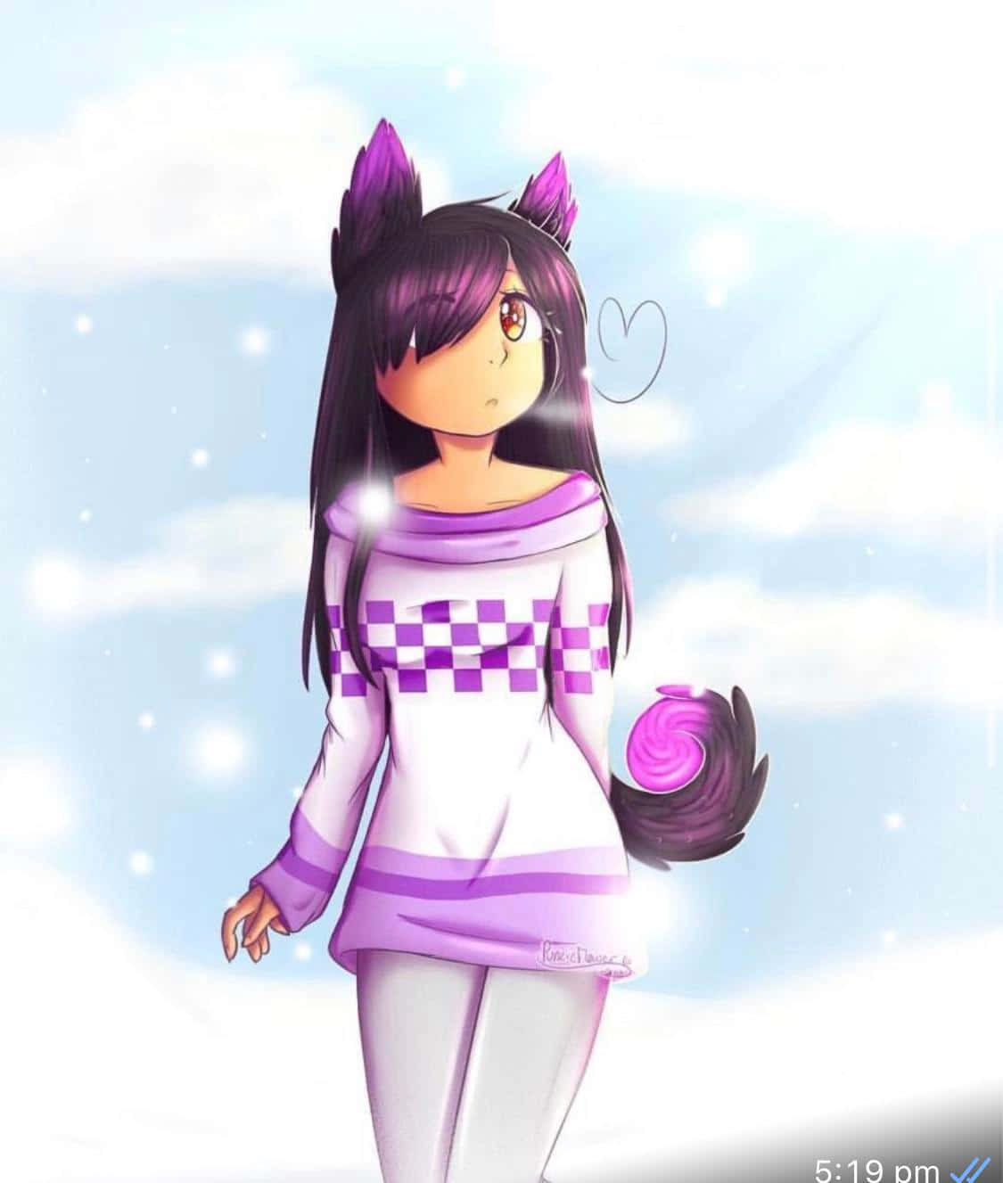 Aphmau 桌布 壁紙 — 一位紫髮、有貓耳和貓尾的動漫女孩，站在明亮多雲、帶有閃爍光芒的天空前。