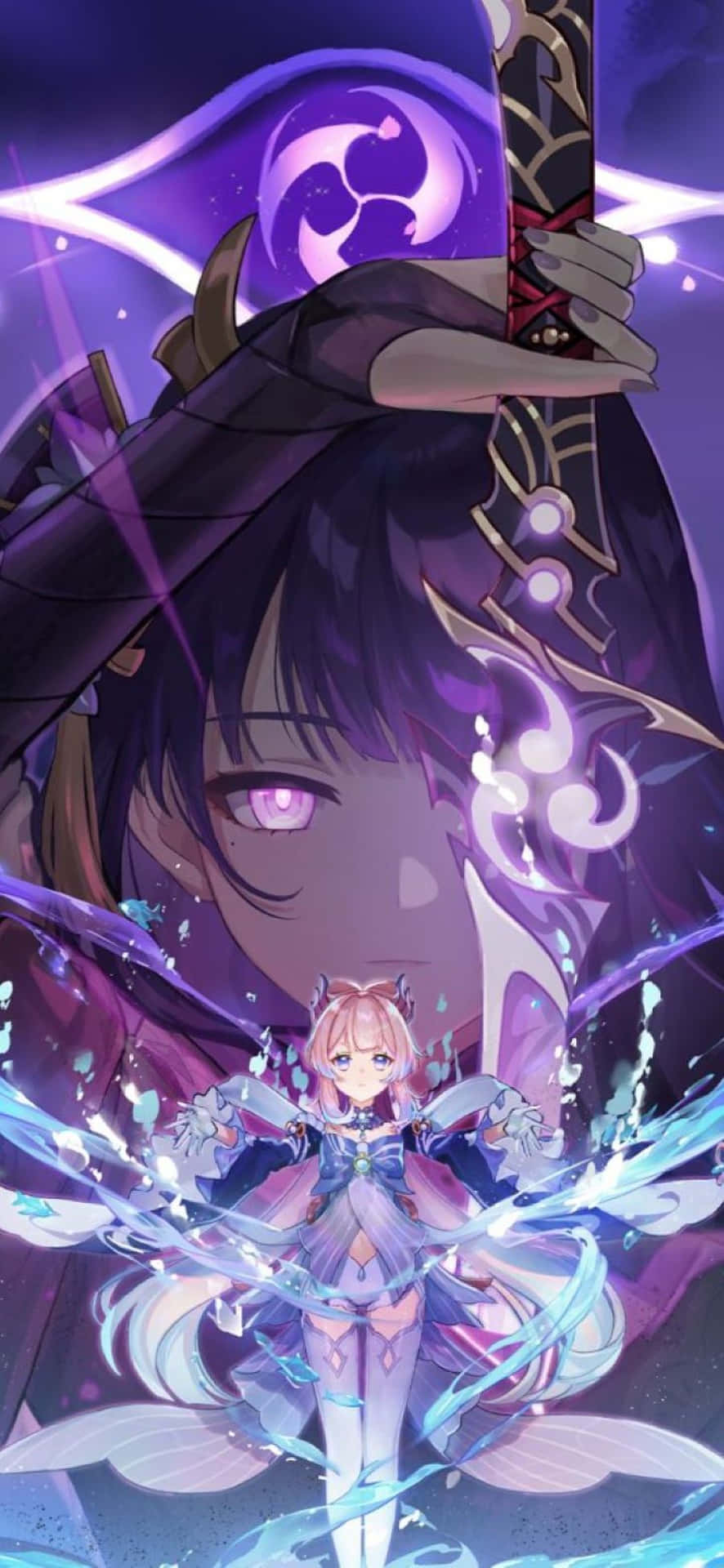 Baal Genshin Impact 桌布 壁紙 — 一位紫髮、眼睛發光的動漫戰士，將劍高舉在一個被魔法能量包圍、較小的發光女孩上方。
