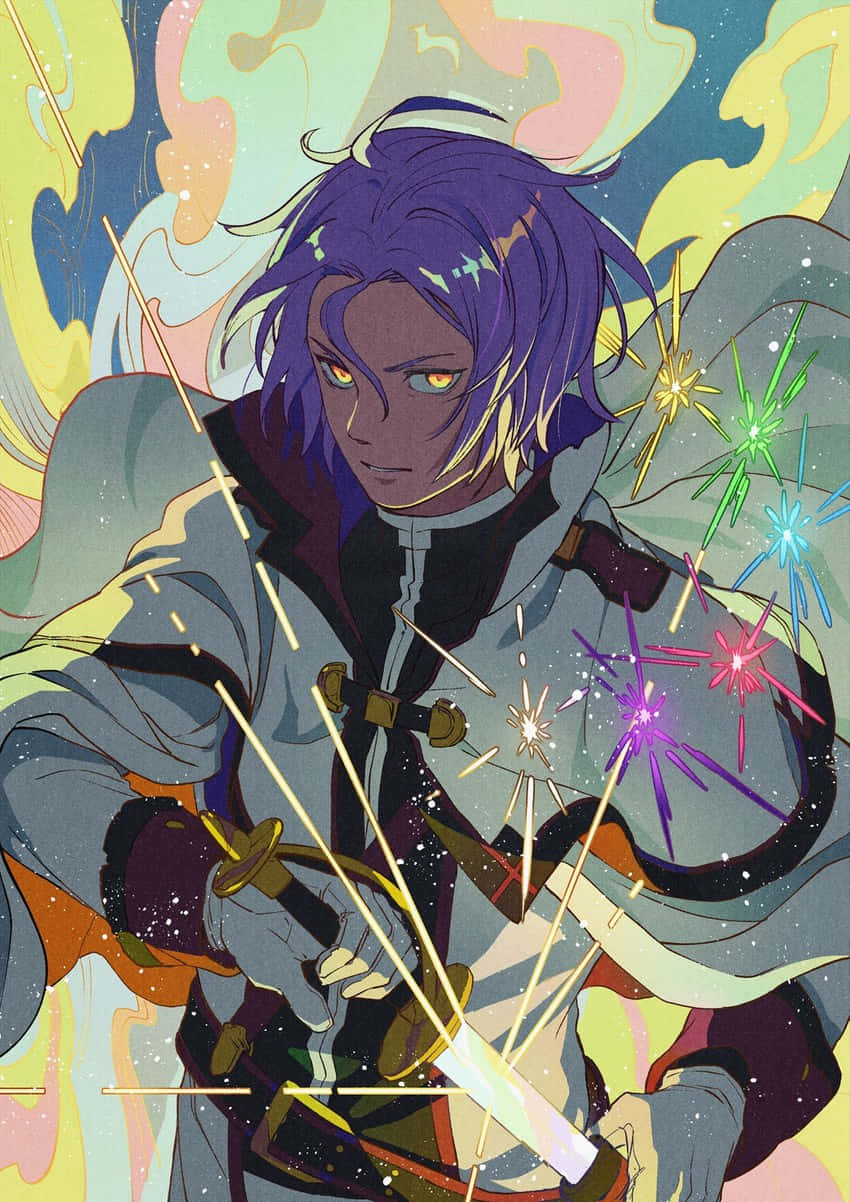 Julius Juukulius 桌布 壁紙 — 一位紫髮、眼睛發光的動漫戰士在色彩繽紛的能量火花和宇宙漩渦中揮舞著劍。