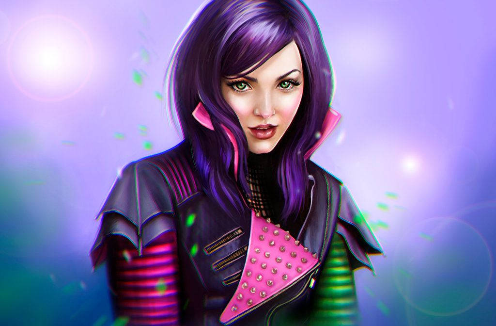 Descendants 桌布 壁紙 — 一位紫髮、綠色發光眼睛的賽博龐克女性，穿著未來風格的粉黑夾克，背景是鮮豔的紫藍漸變色。
