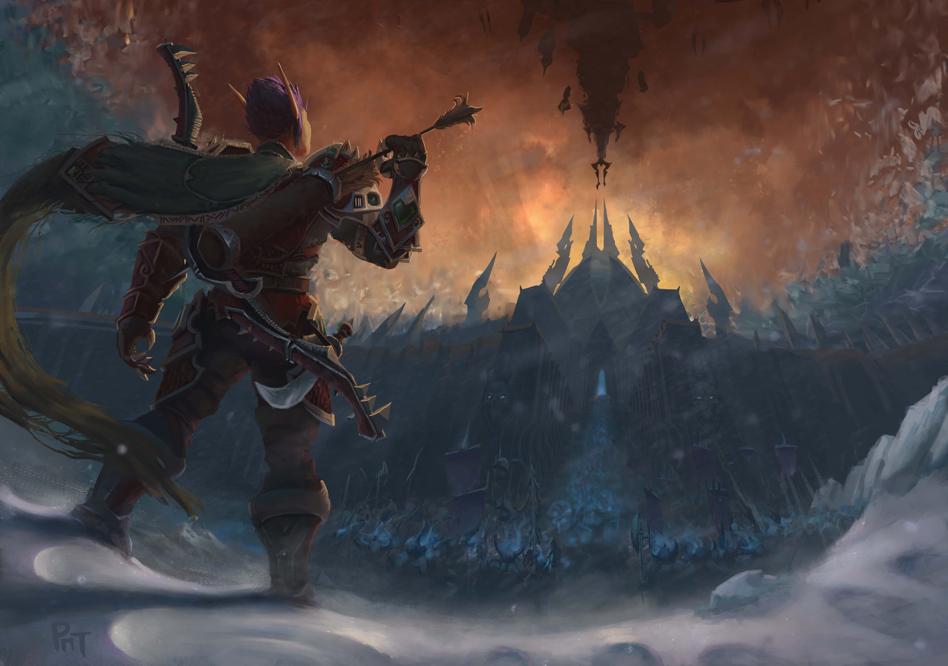 World Of Warcraft Shadowlands 桌布 壁紙 — 一位紫髮、身穿華麗盔甲的戰士站在雪地中，在火紅橙色的天空下，將弓箭瞄準遠處的黑暗城堡。
