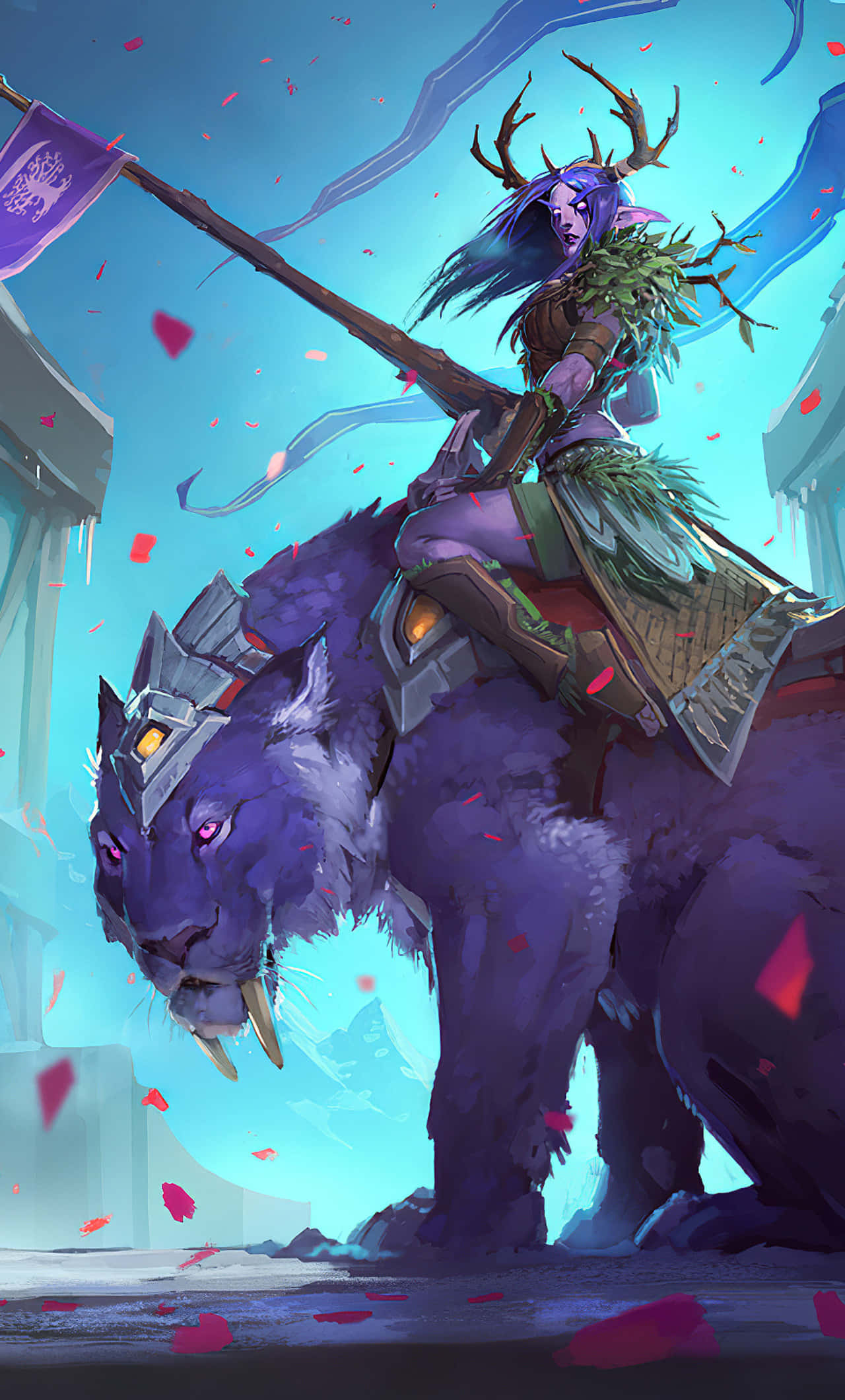 遊戲 桌布 壁紙 — 一位紫髮、長著鹿角的精靈騎著一頭披甲的紫色獅子穿過城市景觀，紅色花瓣在他們周圍飄落。