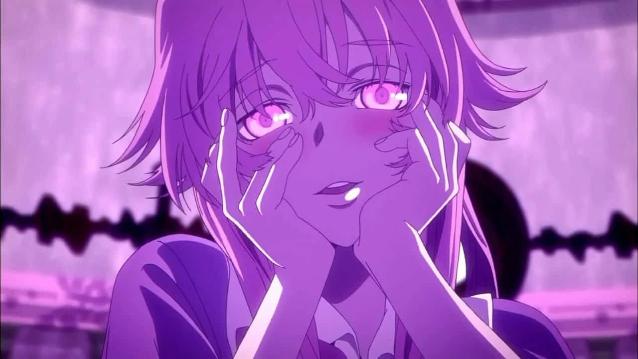 Thriller Anime 桌布 壁紙 — 一位紫髮動漫女孩，眼睛發光，在夢幻般的紫色燈光場景中輕輕哭泣，雙手捧著臉。
