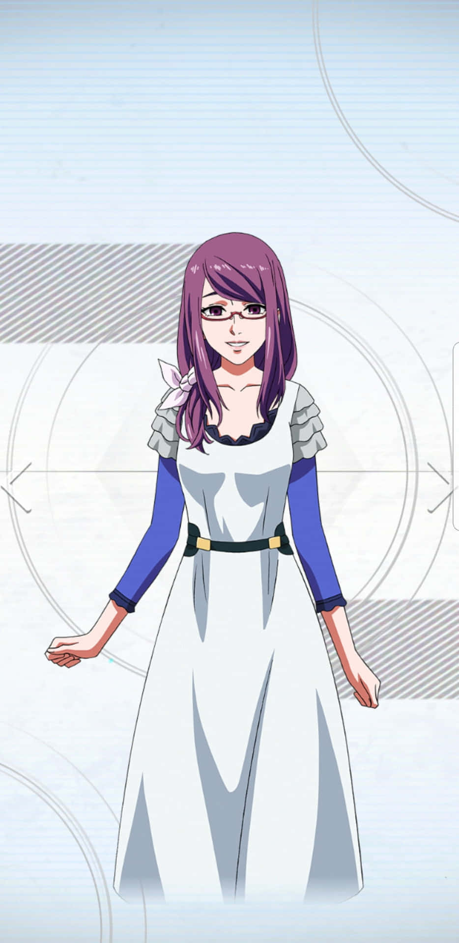 Rize Kamishiro 桌布 壁紙 — 一位紫髮動漫女孩，身穿白色藍袖連衣裙，靜靜地站在淺灰色科技主題背景前。