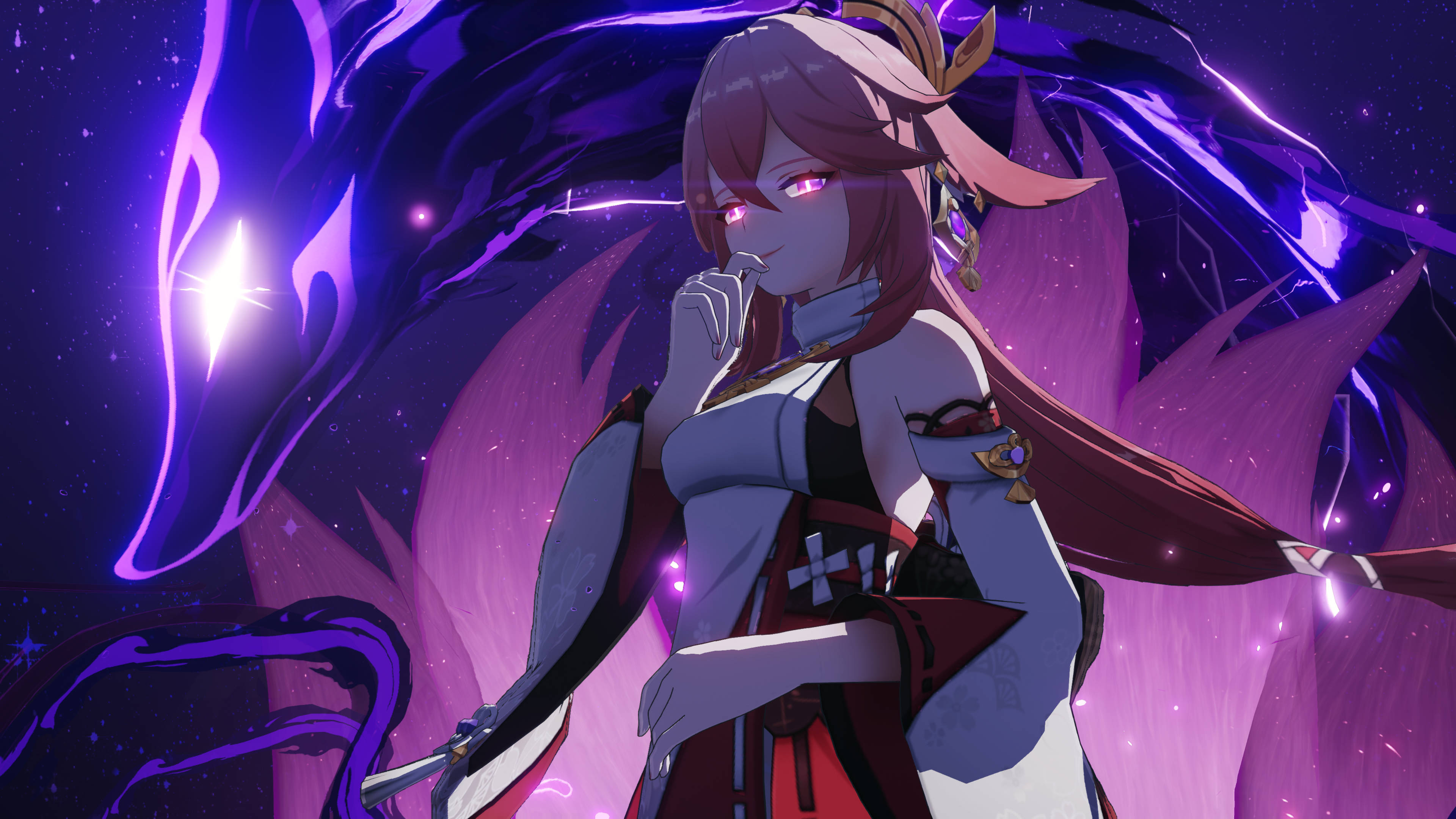 Miko 桌布 壁紙 — 一位紫髮動漫女孩，雙眼發光，站在旋轉的宇宙能量和星空虛無之中。