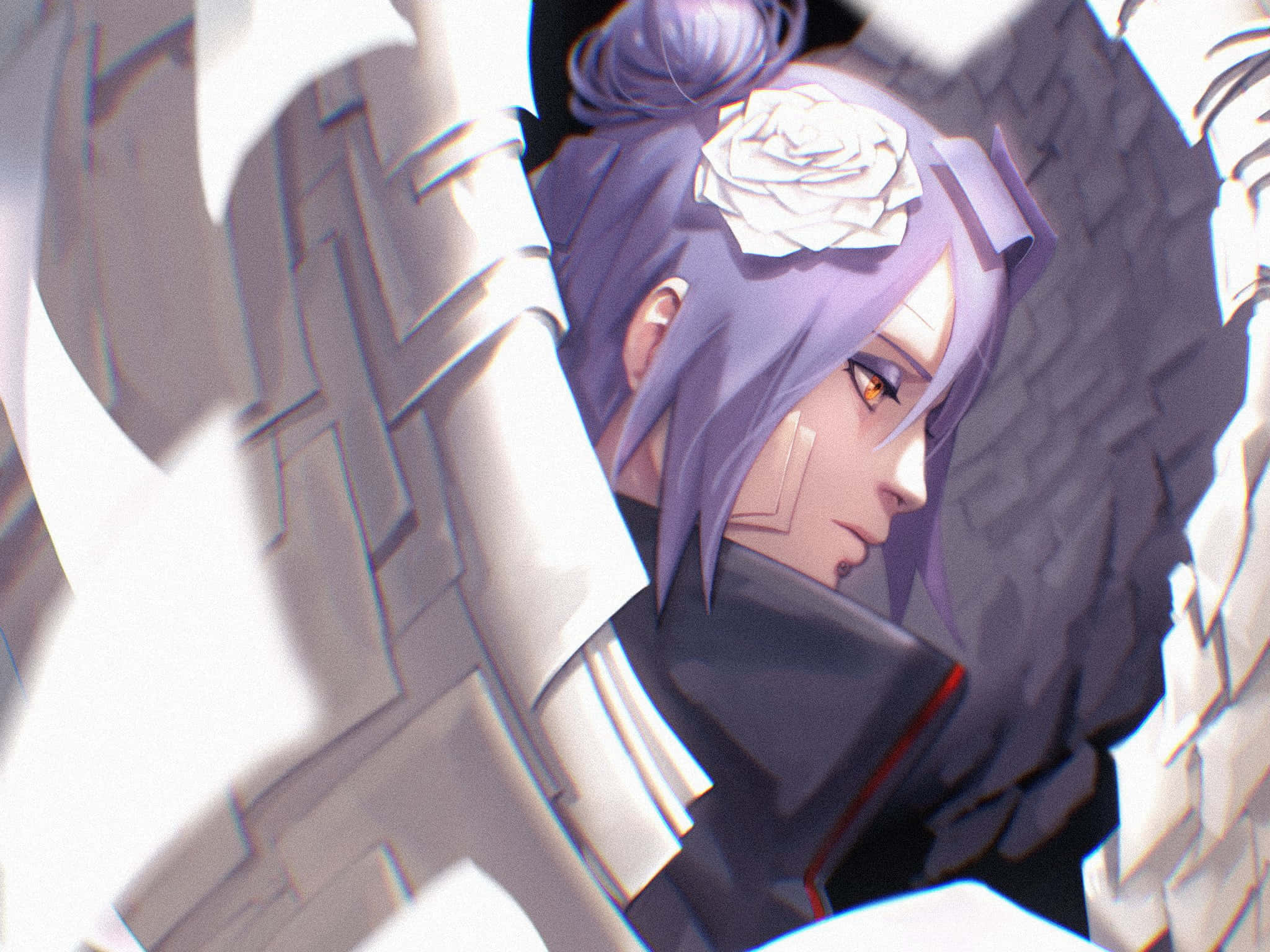 Konan 桌布 壁紙 — 一位紫髮動漫女孩，頭上戴著一朵白玫瑰，在柔和光線中透過破碎的石牆窺視。