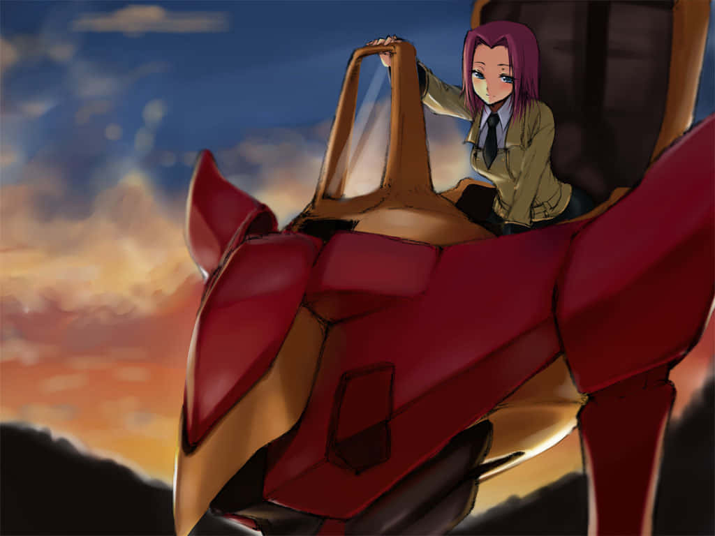 Kallen Stadtfeld 桌布 壁紙 — 一位紫髮動漫女孩在夕陽天空下，從紅色和金色的機甲駕駛艙中微笑。