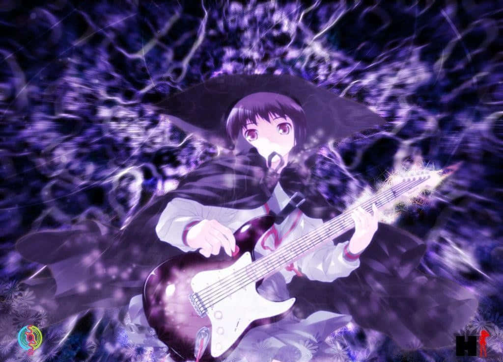 Yuki Nagato 桌布 壁紙 — 一位紫髮動漫女孩在旋轉的深紫色能量和閃電效果中彈奏發光的電吉他。