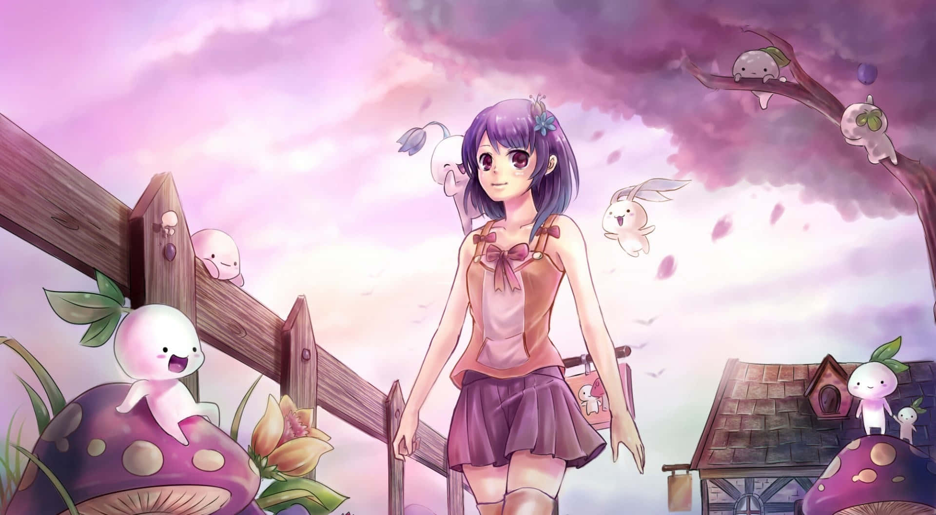 Cute Animations 桌布 壁紙 — 一位紫髮動漫女孩在粉紅色天空下，穿過一個有漂浮生物和巨型蘑菇的奇幻花園。