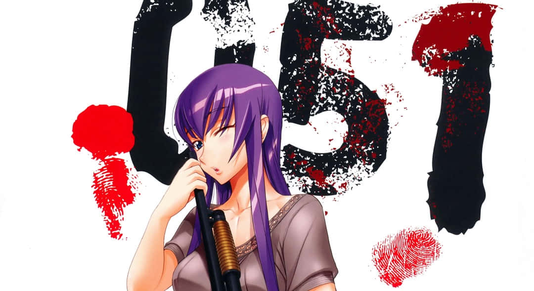 Highschool Of The Dead 桌布 壁紙 — 一位紫髮動漫女孩在純白背景上，手持步槍，背景有醒目的黑色和紅色噴濺數字和指紋。