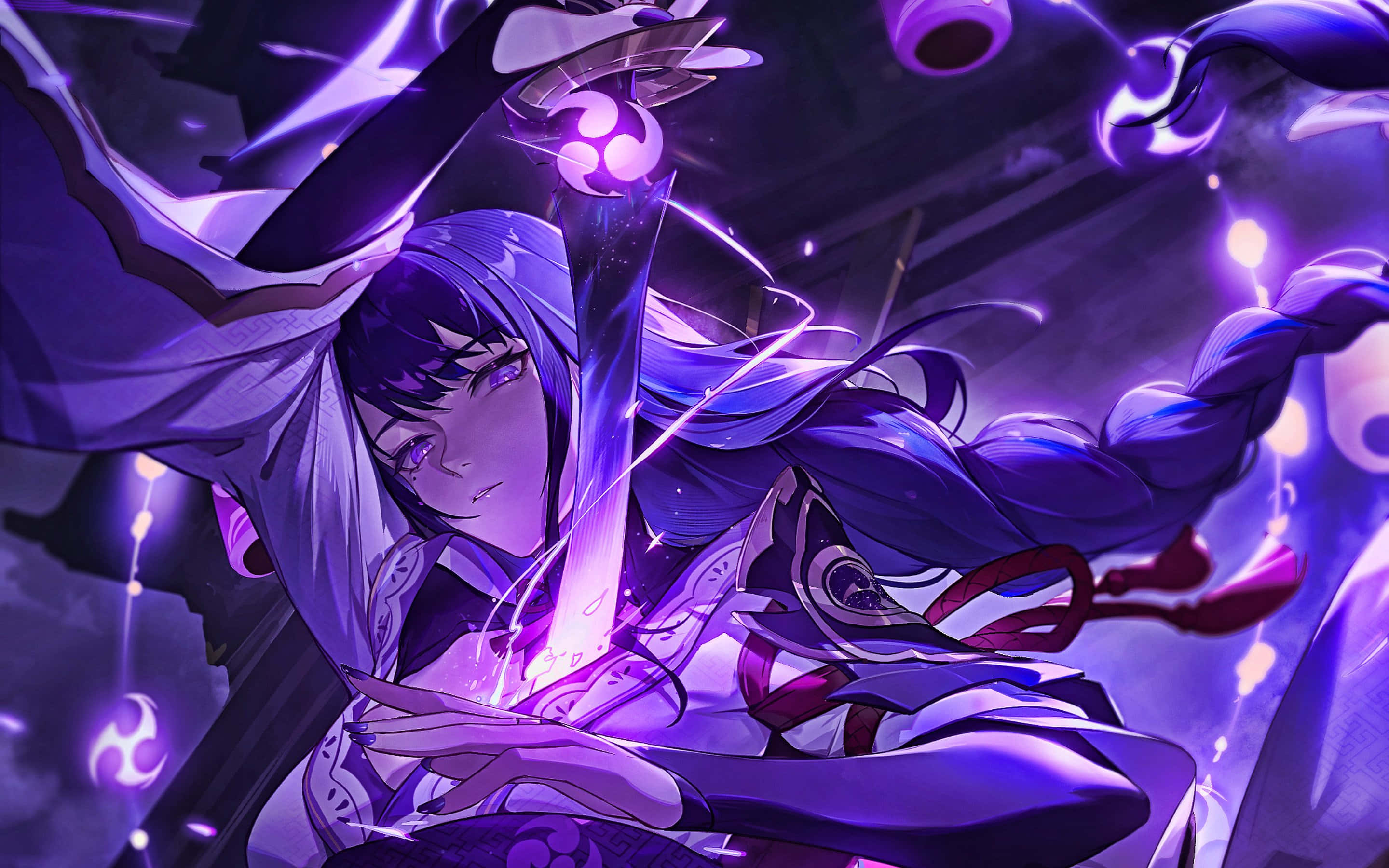 Baal Genshin Impact 桌布 壁紙 — 一位紫髮動漫女孩在黑暗奇幻場景中，揮舞著一把發光的劍，周圍環繞著旋轉的魔法能量。