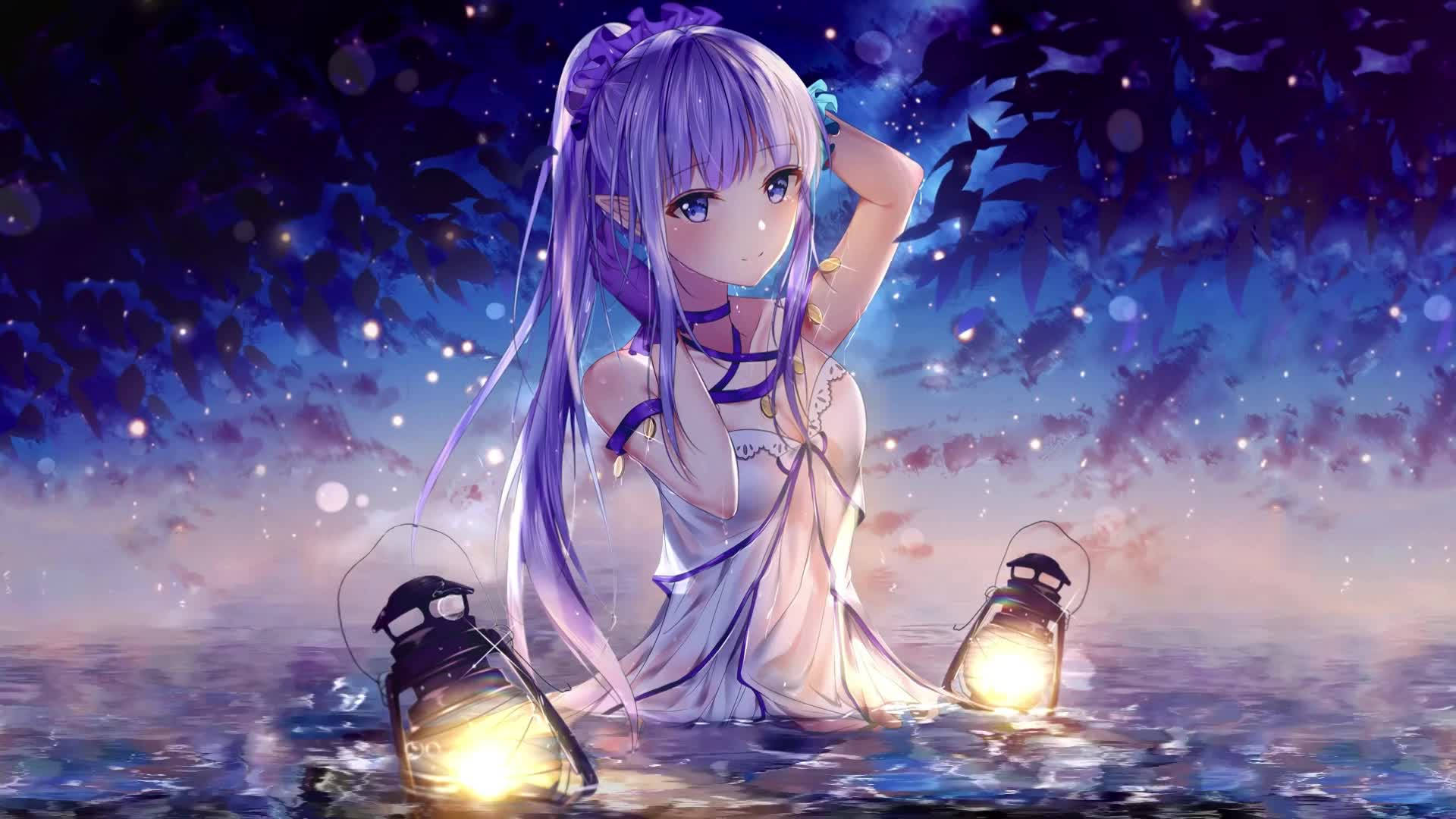 紫髮動漫女孩坐在水中，在星空下手持發光燈籠。