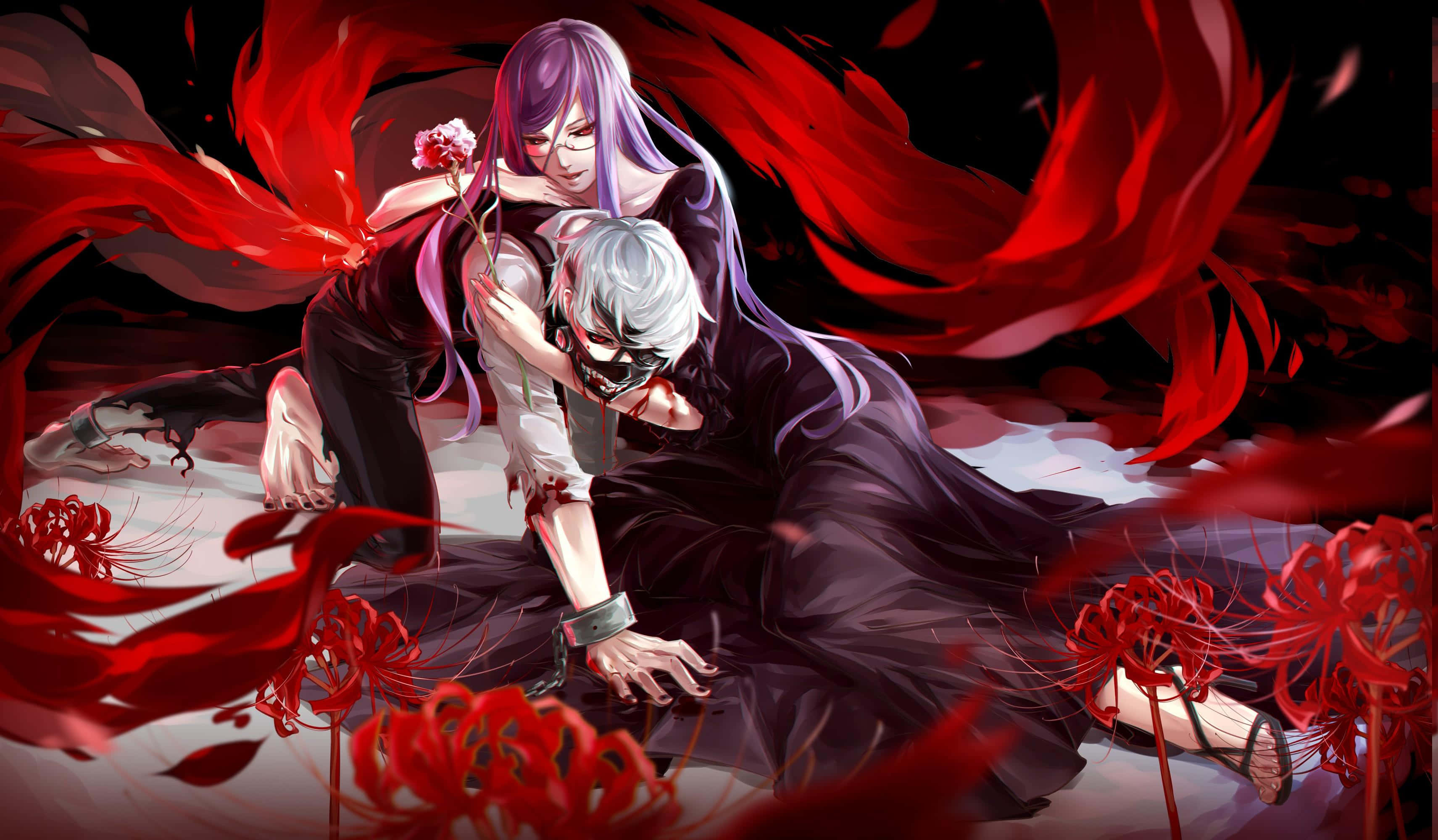 Bloody Hand 桌布 壁紙 — 一位紫髮動漫女孩手持紅花，放在一位戴面具的白髮人物上方，周圍有旋轉的紅色花瓣和蜘蛛百合。