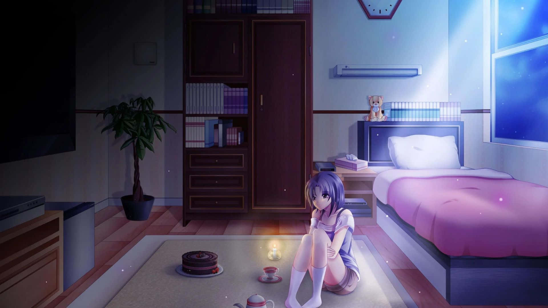 Aesthetic Anime Bedroom 桌布 壁紙 — 一位紫髮動漫女孩獨自坐在昏暗臥室的榻榻米地板上，被蠟燭和星光窗戶的光照亮。