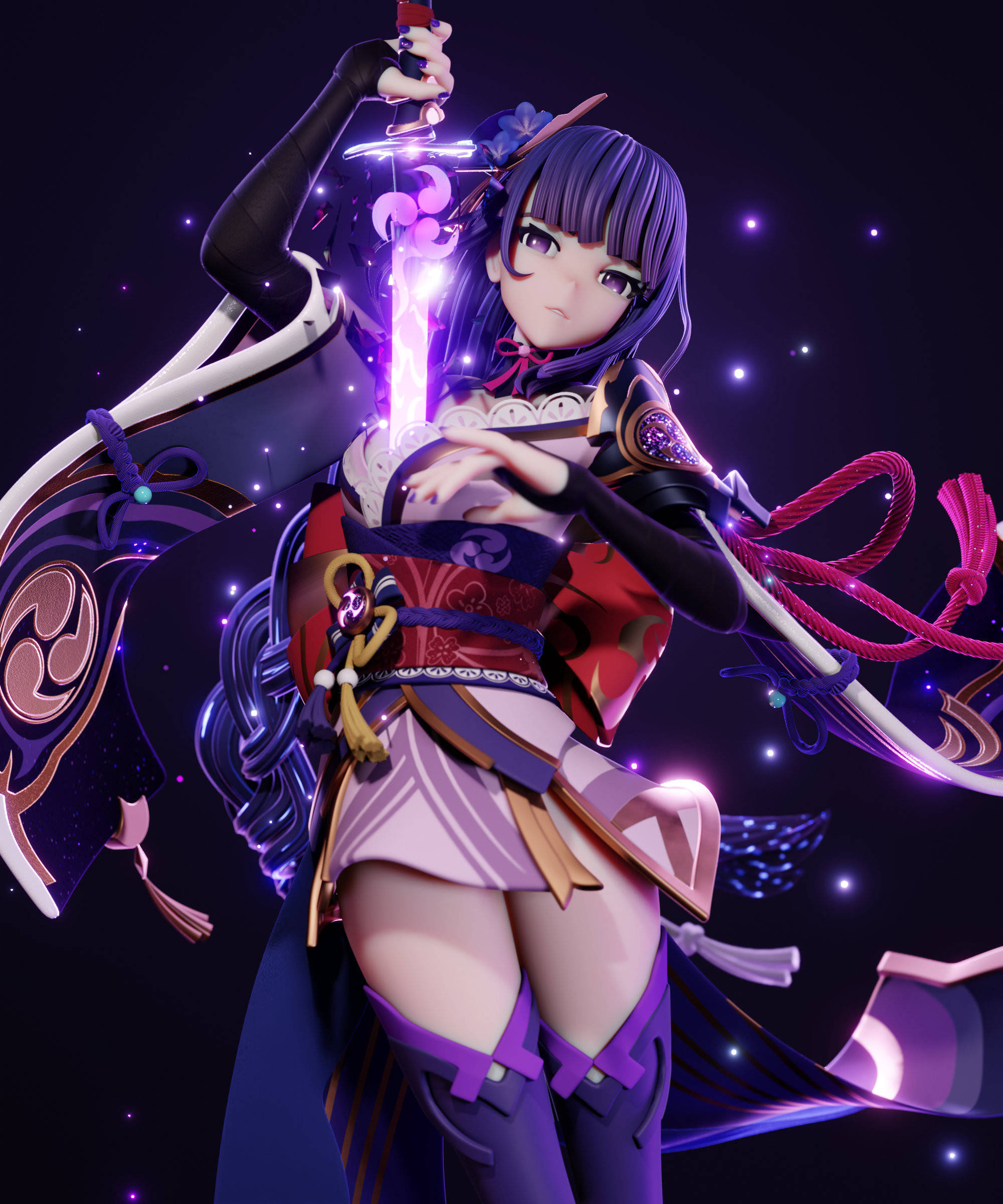 Raiden 桌布 壁紙 — 一位紫髮動漫女孩穿著傳統日本盔甲，在星空下揮舞著發光的劍。