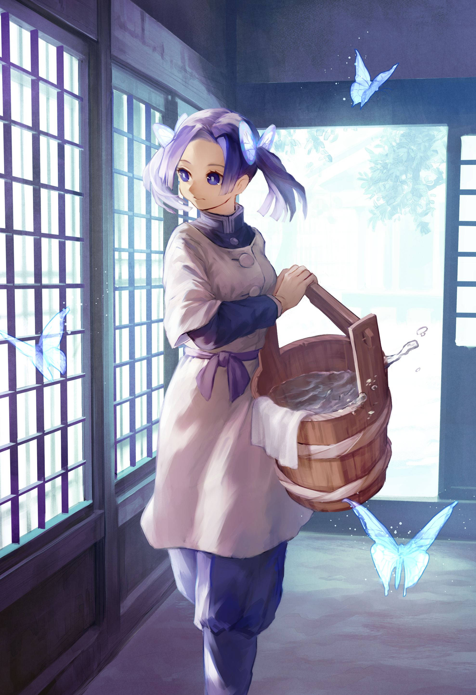 aoi kanzaki 桌布 壁紙 — 一位紫髮動漫女孩穿著傳統服裝，提著一個木水桶穿過陽光普照的日式房間，周圍有發光的蝴蝶。