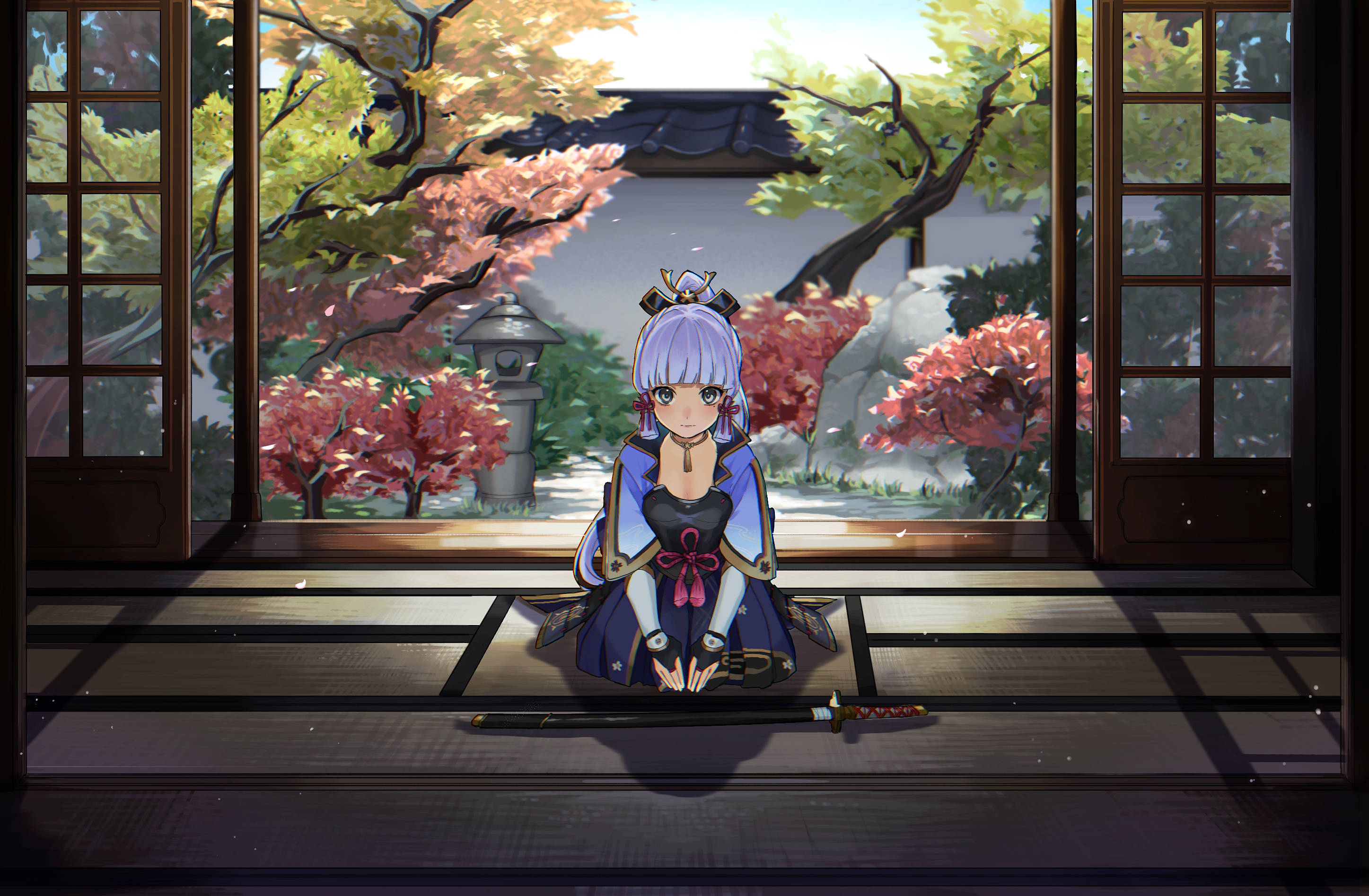 電玩遊戲 桌布 壁紙 — 一位紫髮動漫女孩穿著傳統服飾，盤腿坐在榻榻米上，窗前可俯瞰充滿活力的秋日花園。
