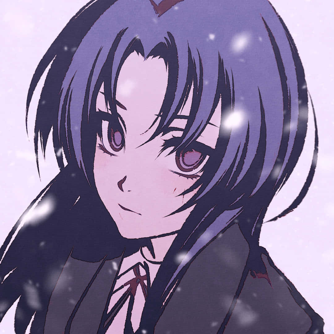 Ami Kawashima 桌布 壁紙 — 一位紫髮動漫女孩穿著校服，在雪花飄落的柔和冬日場景中輕輕微笑。