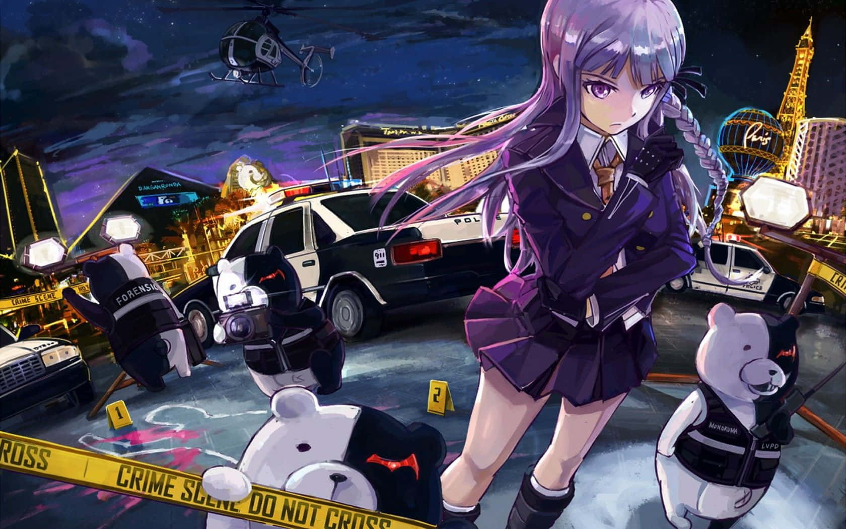 game 桌布 壁紙 — 一位紫髮動漫女孩穿著校服，在霓虹燈照亮城市夜空的背景下，站在一個有警車和泰迪熊警察的犯罪現場。
