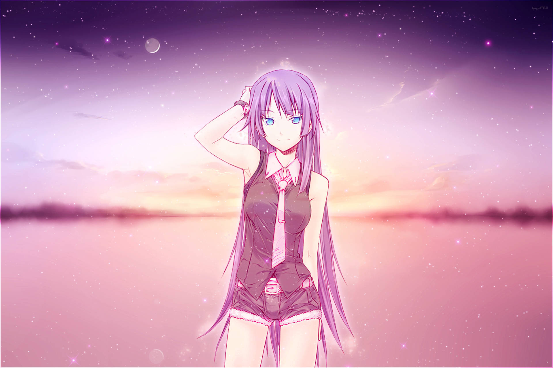 Monogatari 桌布 壁紙 — 一位紫髮動漫女孩穿著校服，站在夢幻的粉紫暮色天空下，滿天星斗和一彎新月。