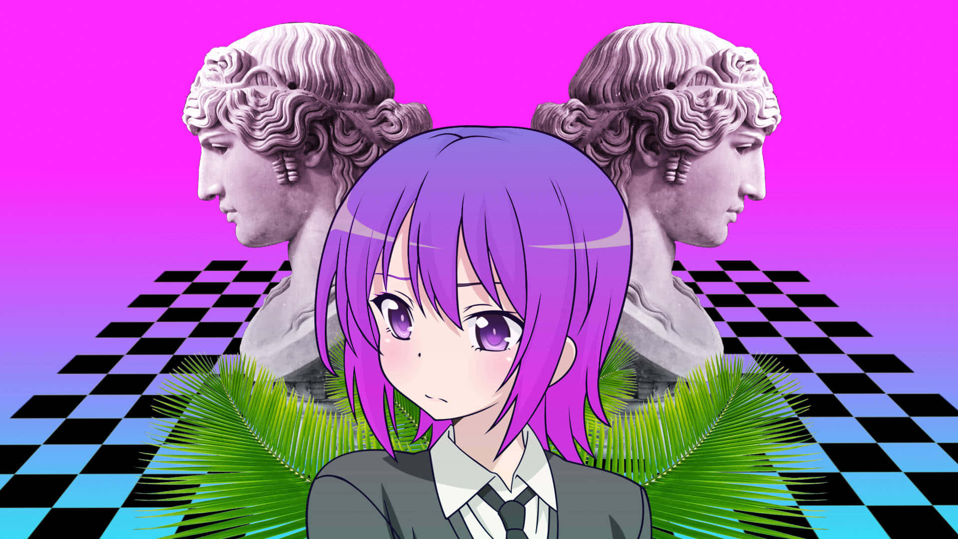 Statue Aesthetic 桌布 壁紙 — 一位紫髮動漫女孩穿著校服，站在棋盤格地板上的古典半身像前，背景是充滿活力的粉藍漸變色。