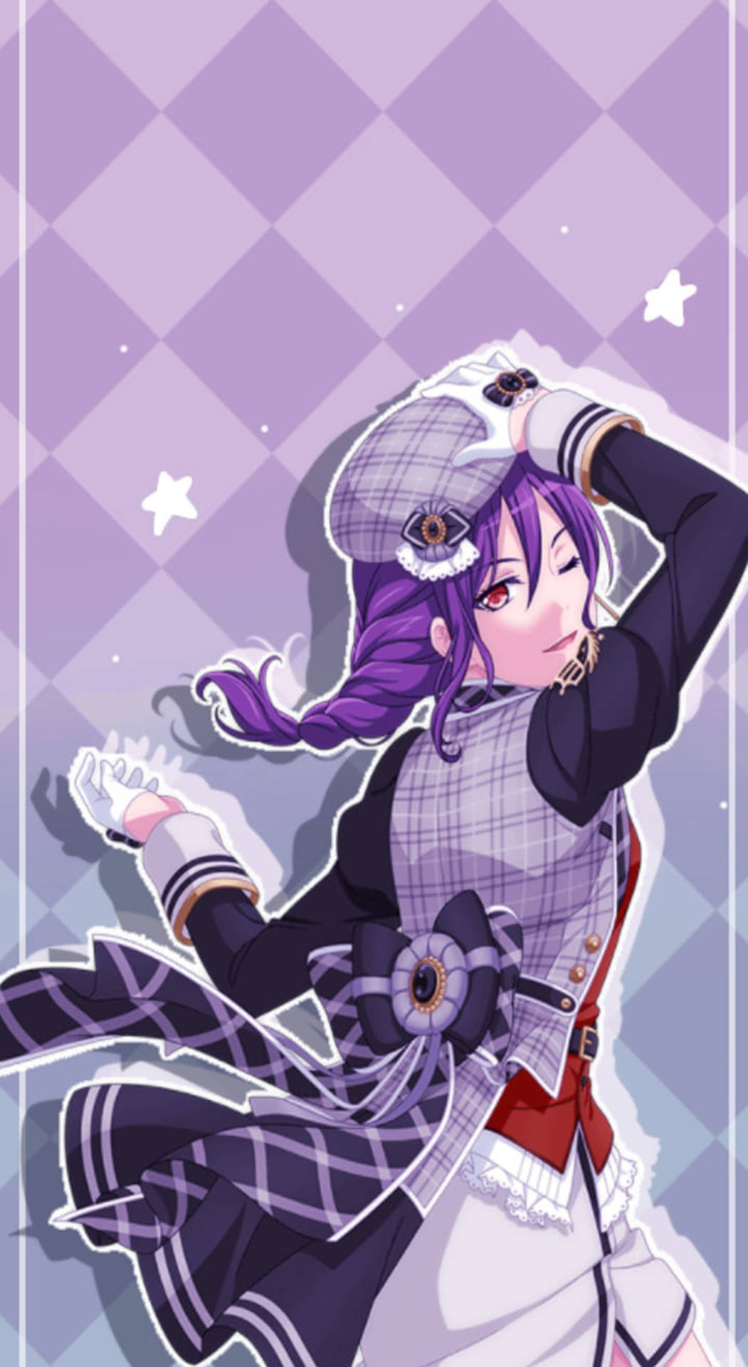 紫發動漫女孩穿著格紋服裝，與星星一起俏皮地擺姿勢