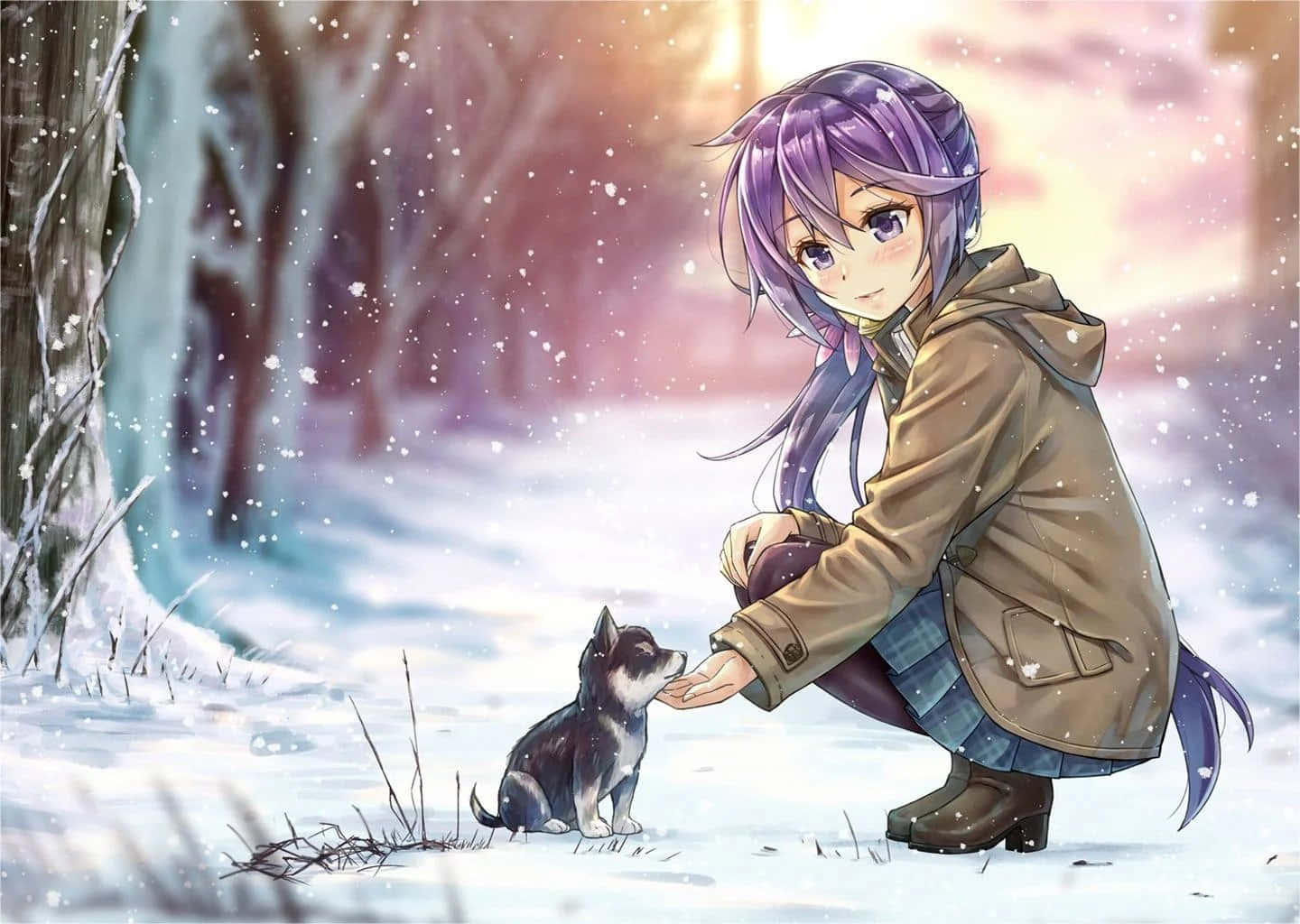 動漫狗 桌布 壁紙 — 一位紫髮動漫女孩穿著棕色外套跪在雪地森林中，溫柔地向一隻黑白小狗伸出手。